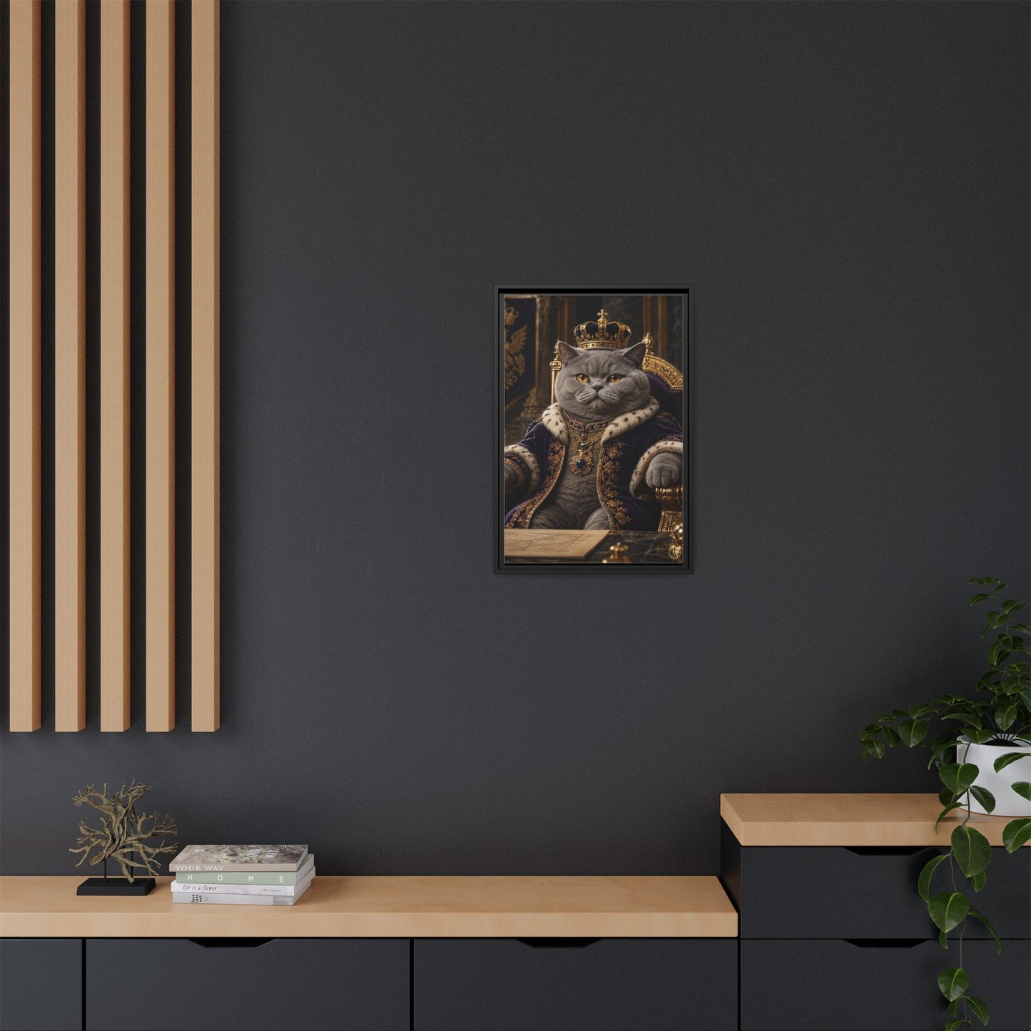 Regal British Shorthair Cat Portrait Framed Canvas — His Royal Whiskers Cat Wall Art  by House of Ace
