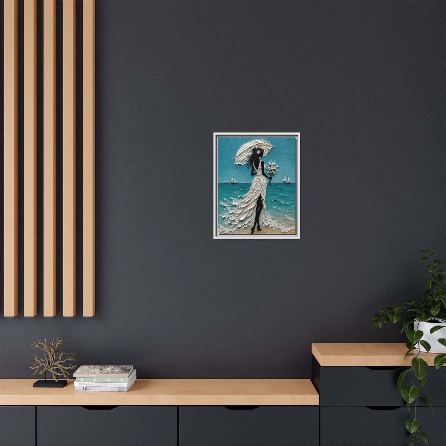 Romantic Beach Lady Framed Canvas Print — Matte Seaside Wall Art