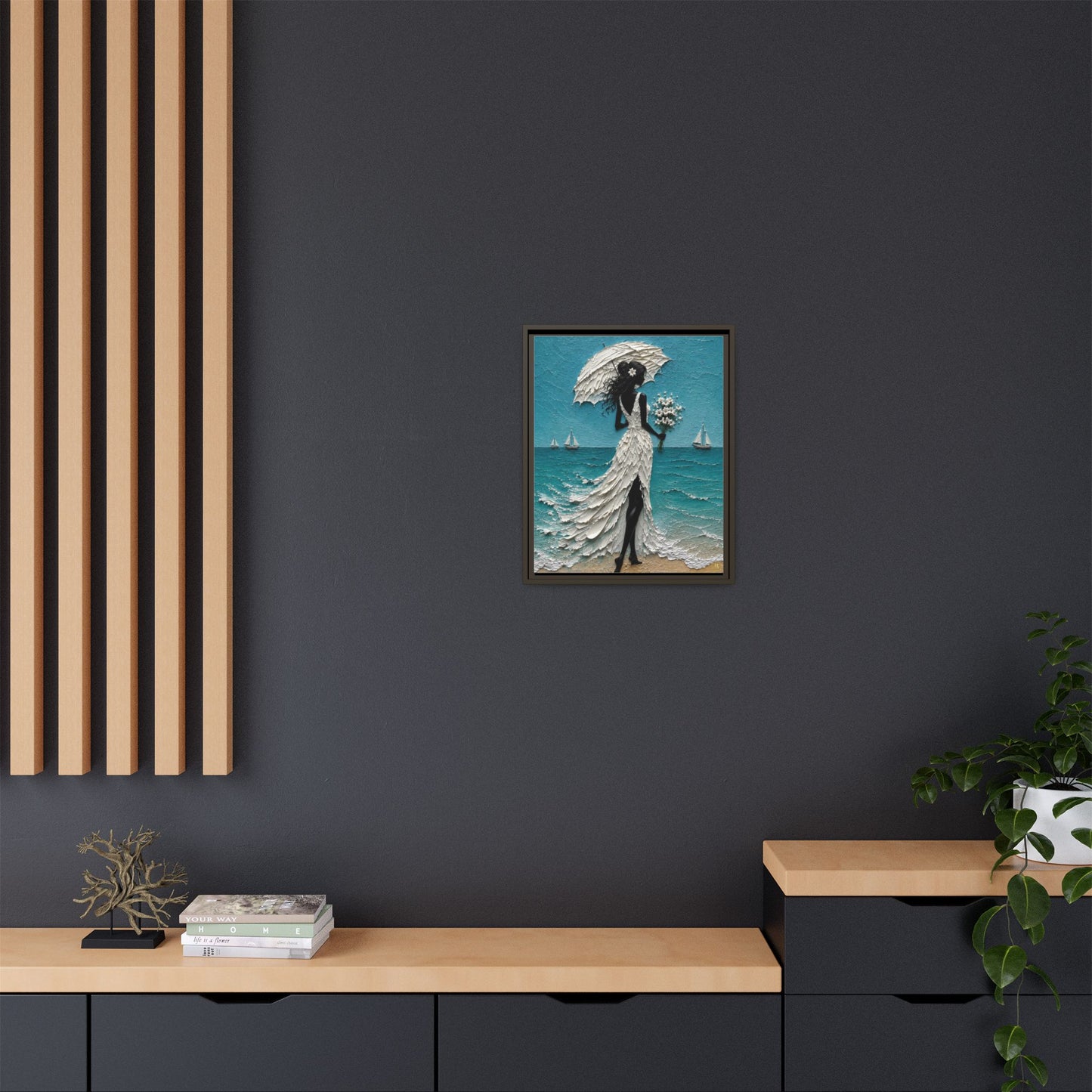 Romantic Beach Lady Framed Canvas Print — Matte Seaside Wall Art
