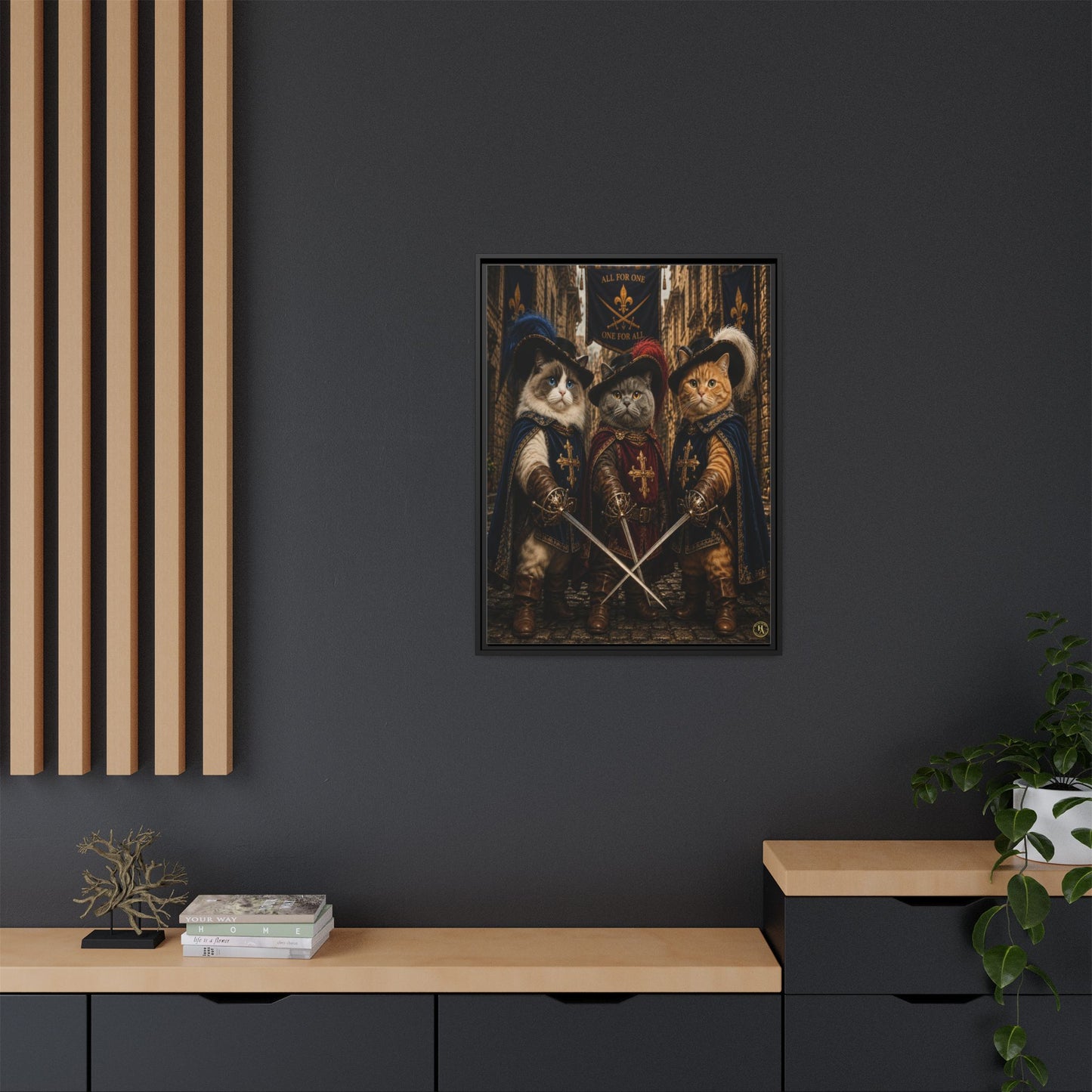 3 Musketeer Cats (The Three Musker Paws) – All for One, One for All Framed Canvas by House of Ace