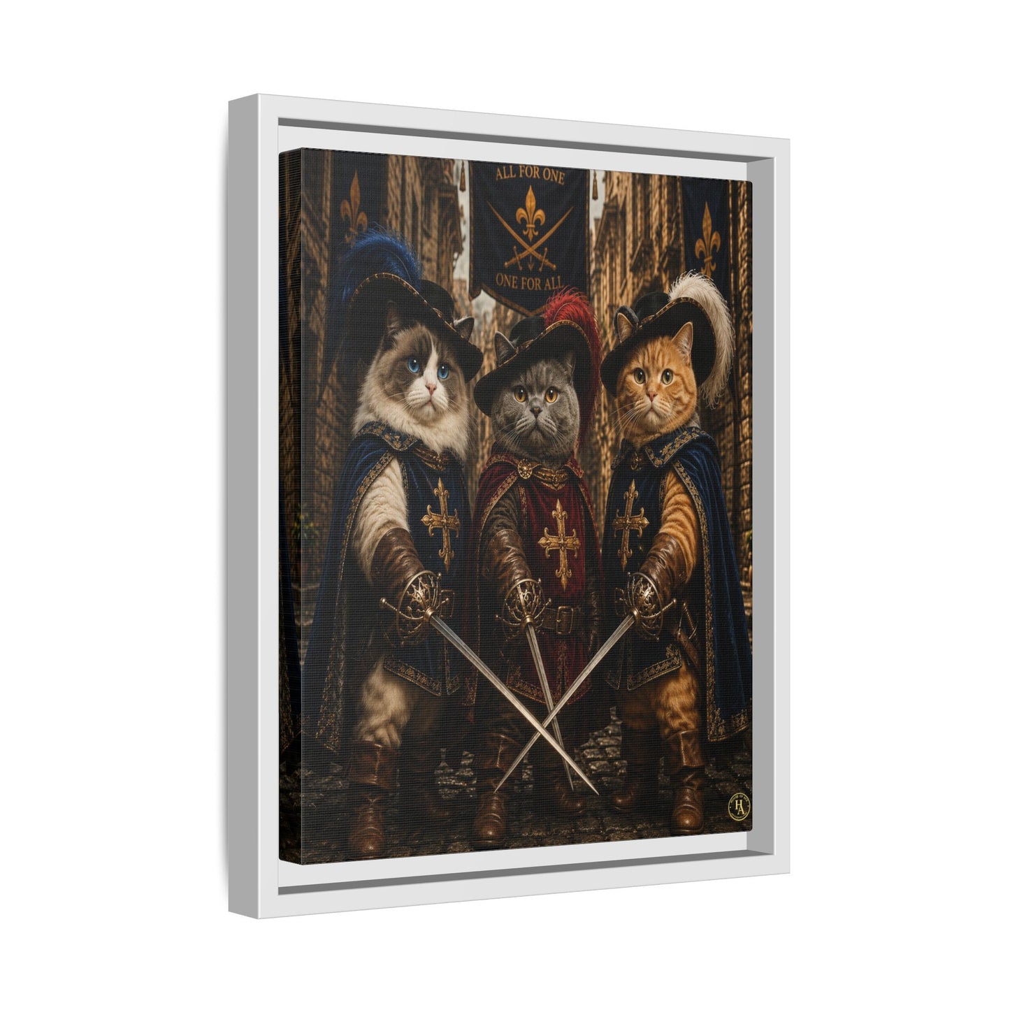 3 Musketeer Cats (The Three Musker Paws) – All for One, One for All Framed Canvas by House of Ace
