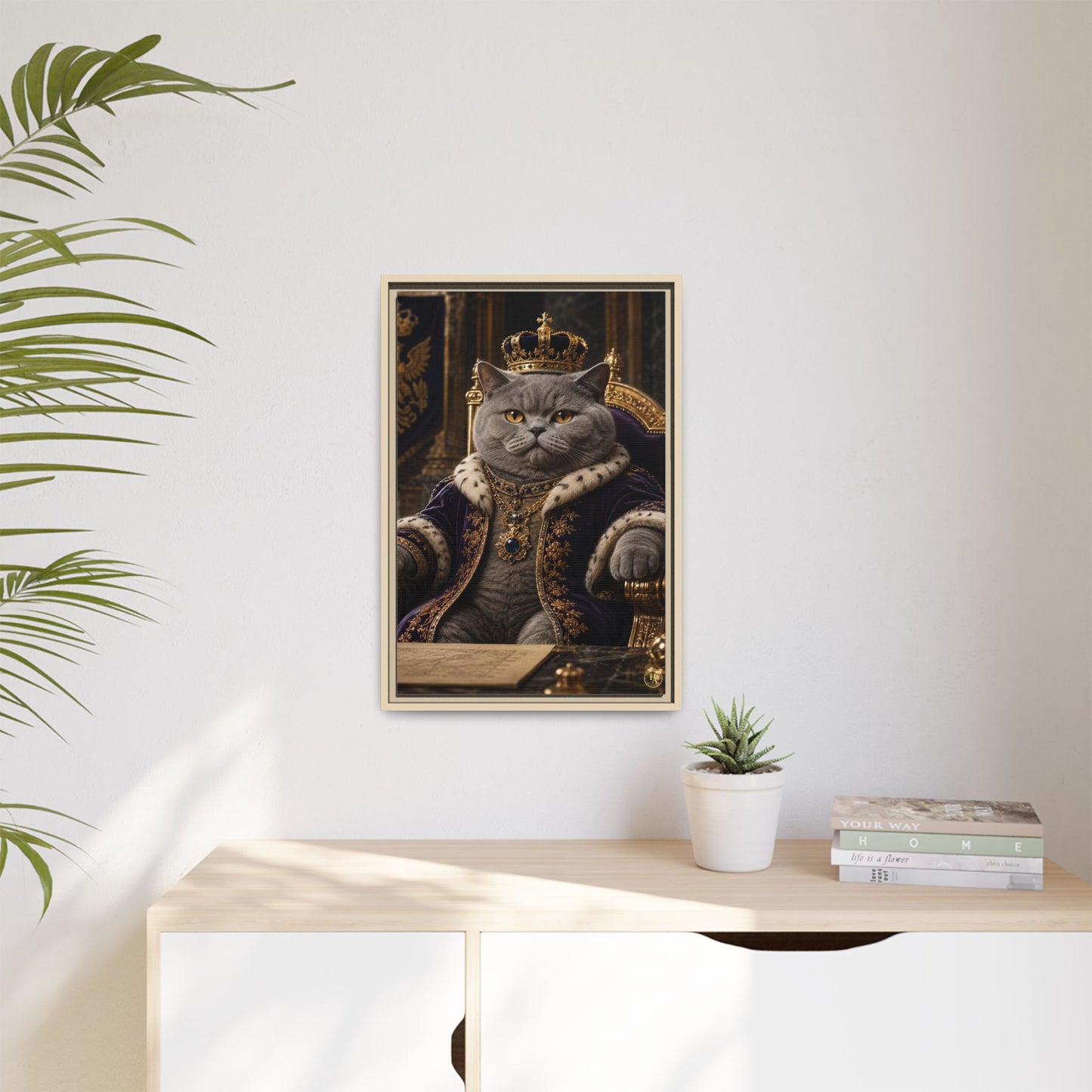Regal British Shorthair Cat Portrait Framed Canvas — His Royal Whiskers Cat Wall Art  by House of Ace