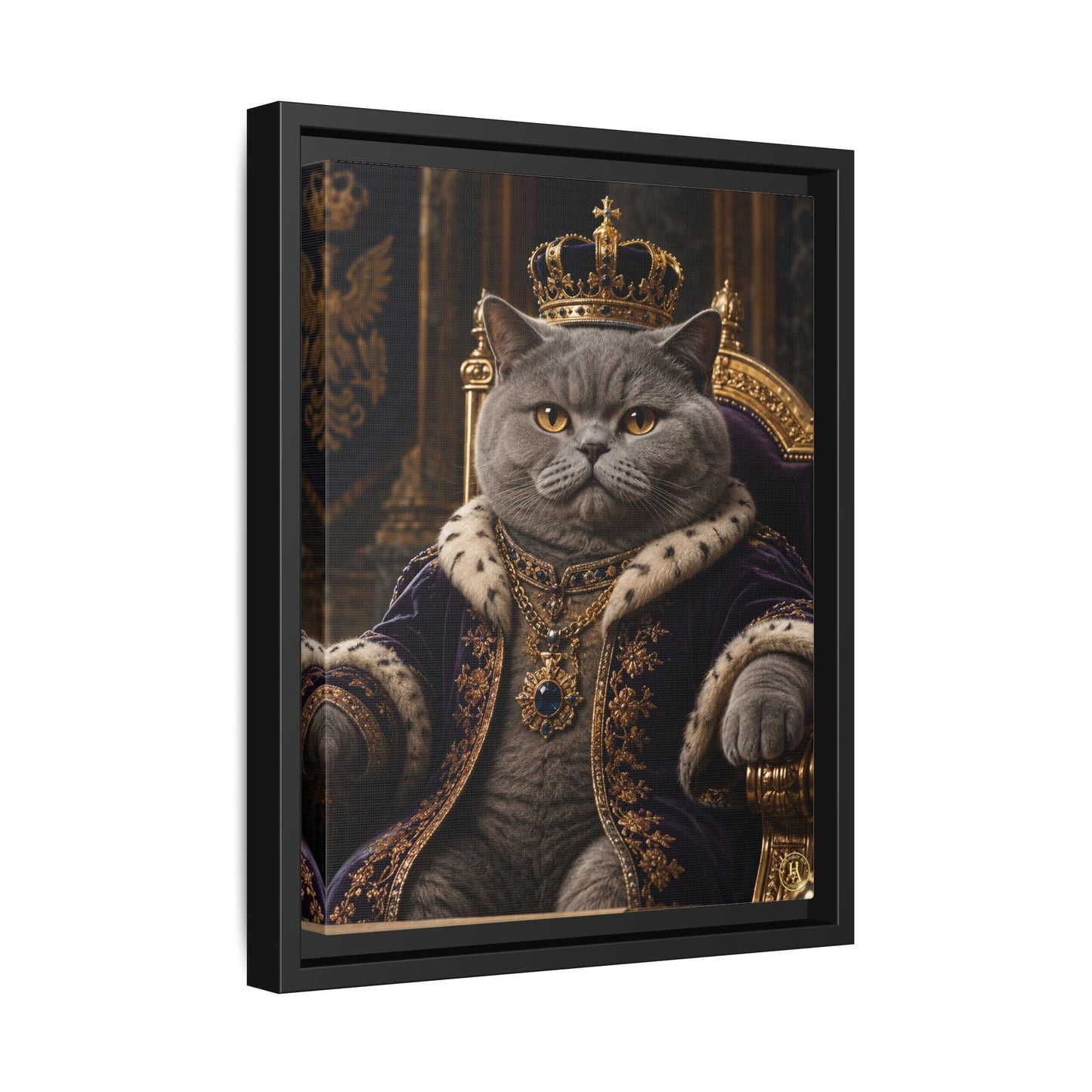 Regal British Shorthair Cat Portrait Framed Canvas — His Royal Whiskers Cat Wall Art  by House of Ace