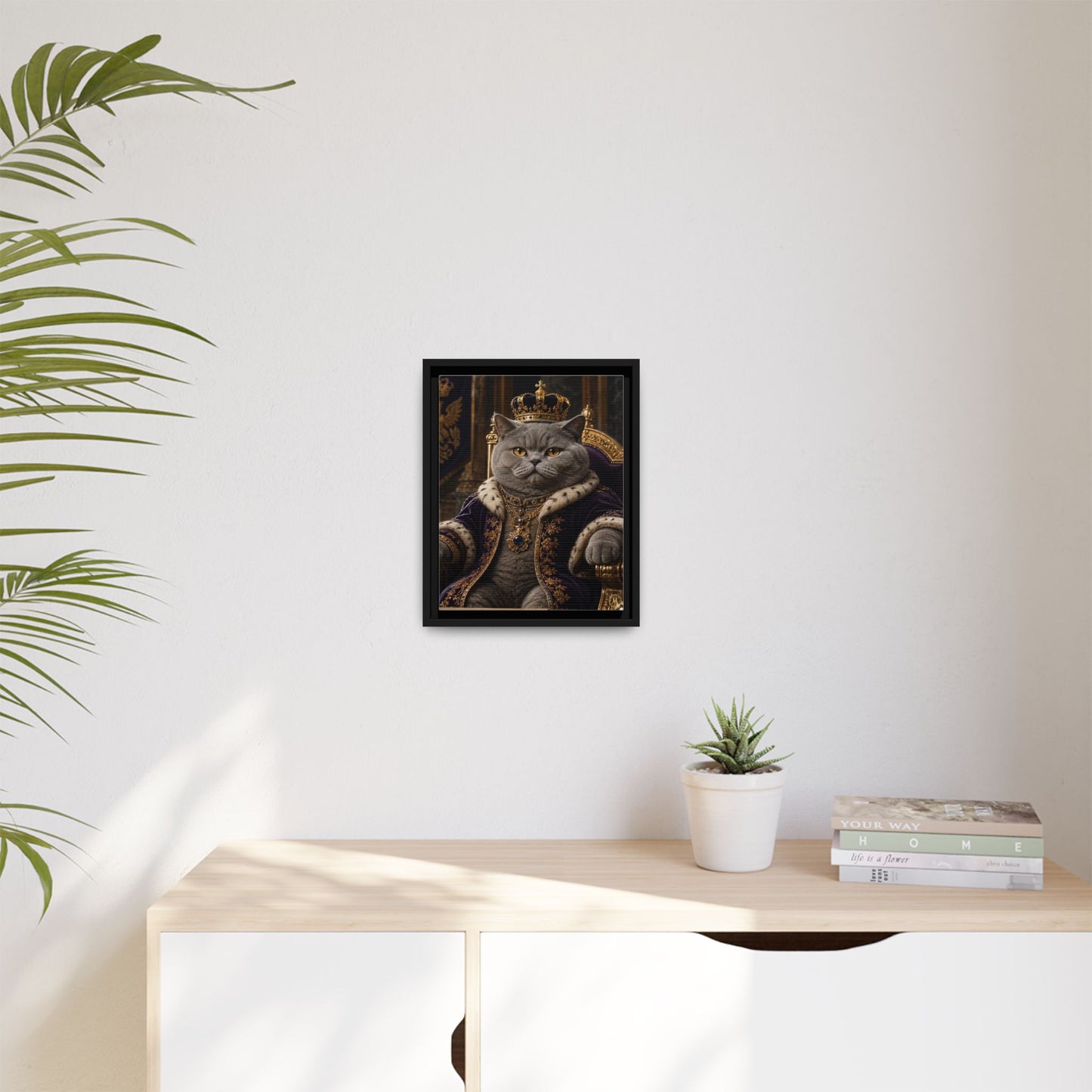 Regal British Shorthair Cat Portrait Framed Canvas — His Royal Whiskers Cat Wall Art  by House of Ace