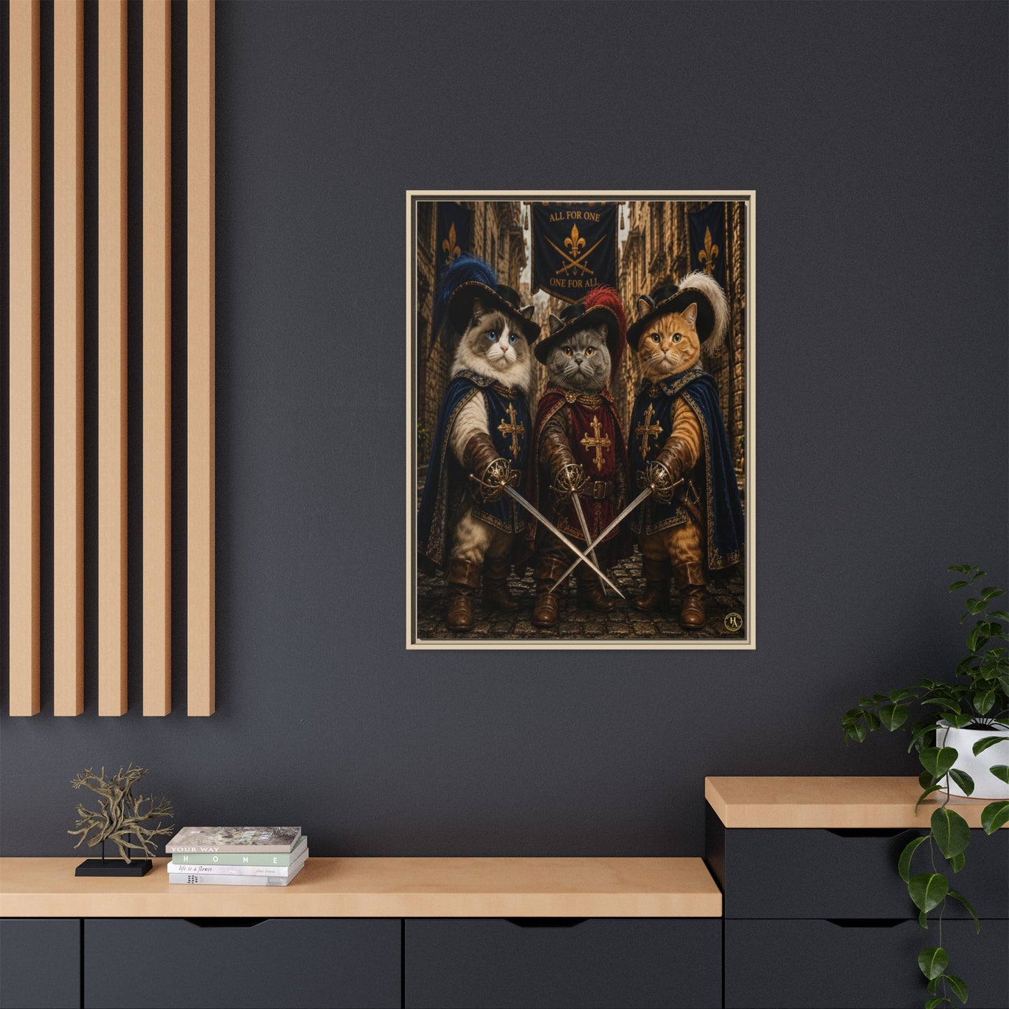 3 Musketeer Cats (The Three Musker Paws) – All for One, One for All Framed Canvas by House of Ace