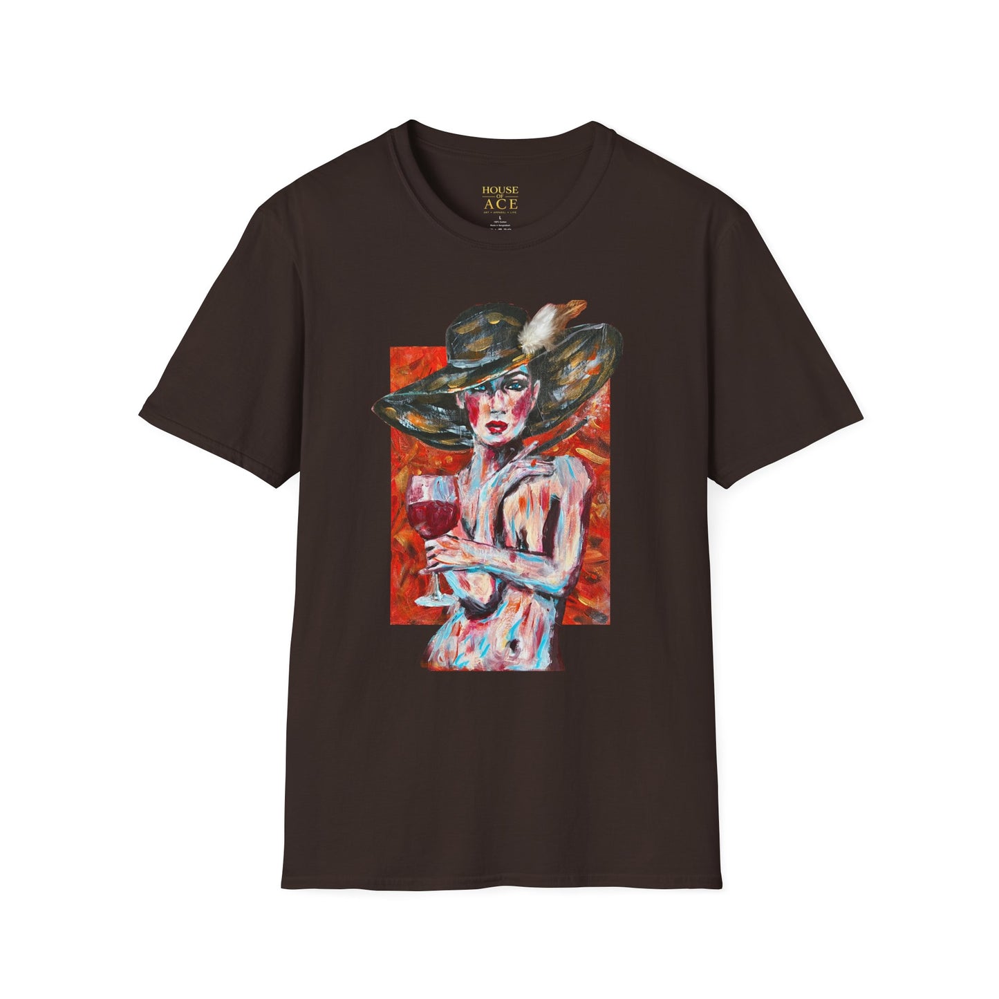Artistic Woman in Wide-Brim Hat T-Shirt Crimson Elegance – Original Acrylic Art Graphic Tee