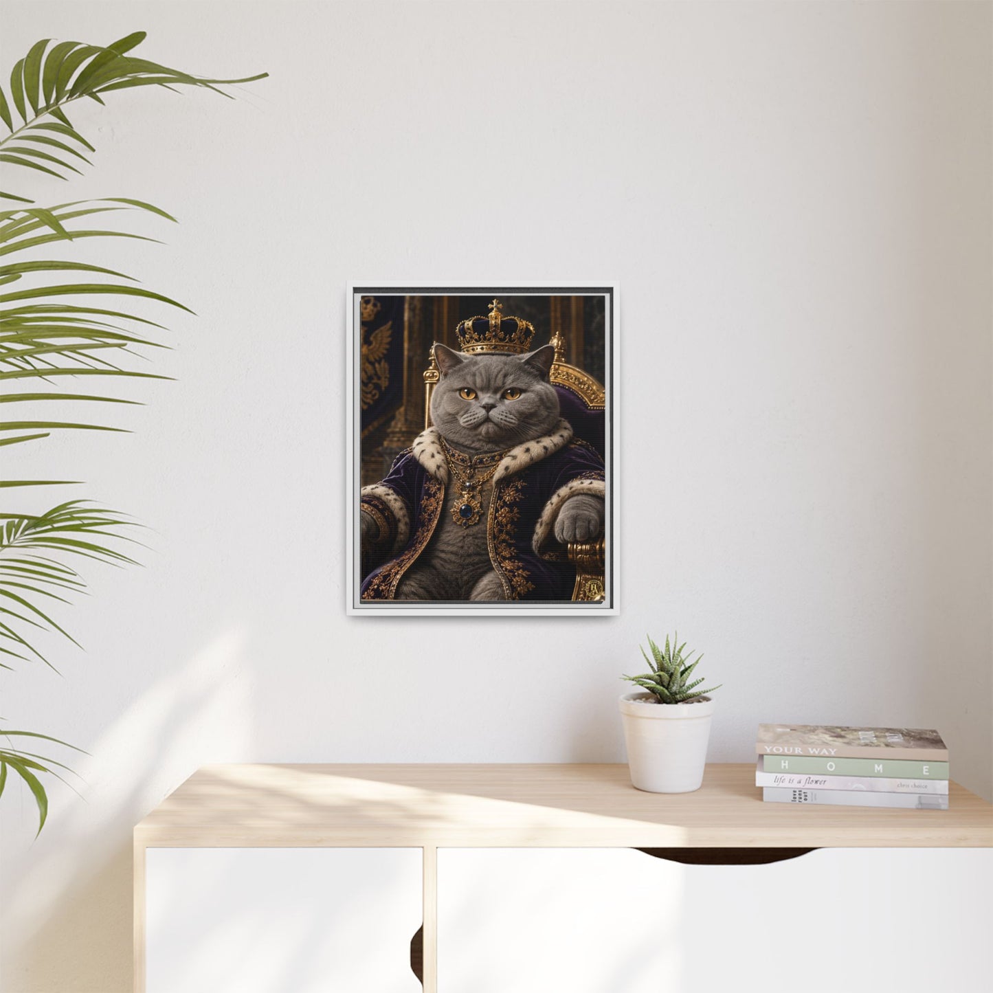 Regal British Shorthair Cat Portrait Framed Canvas — His Royal Whiskers Cat Wall Art  by House of Ace
