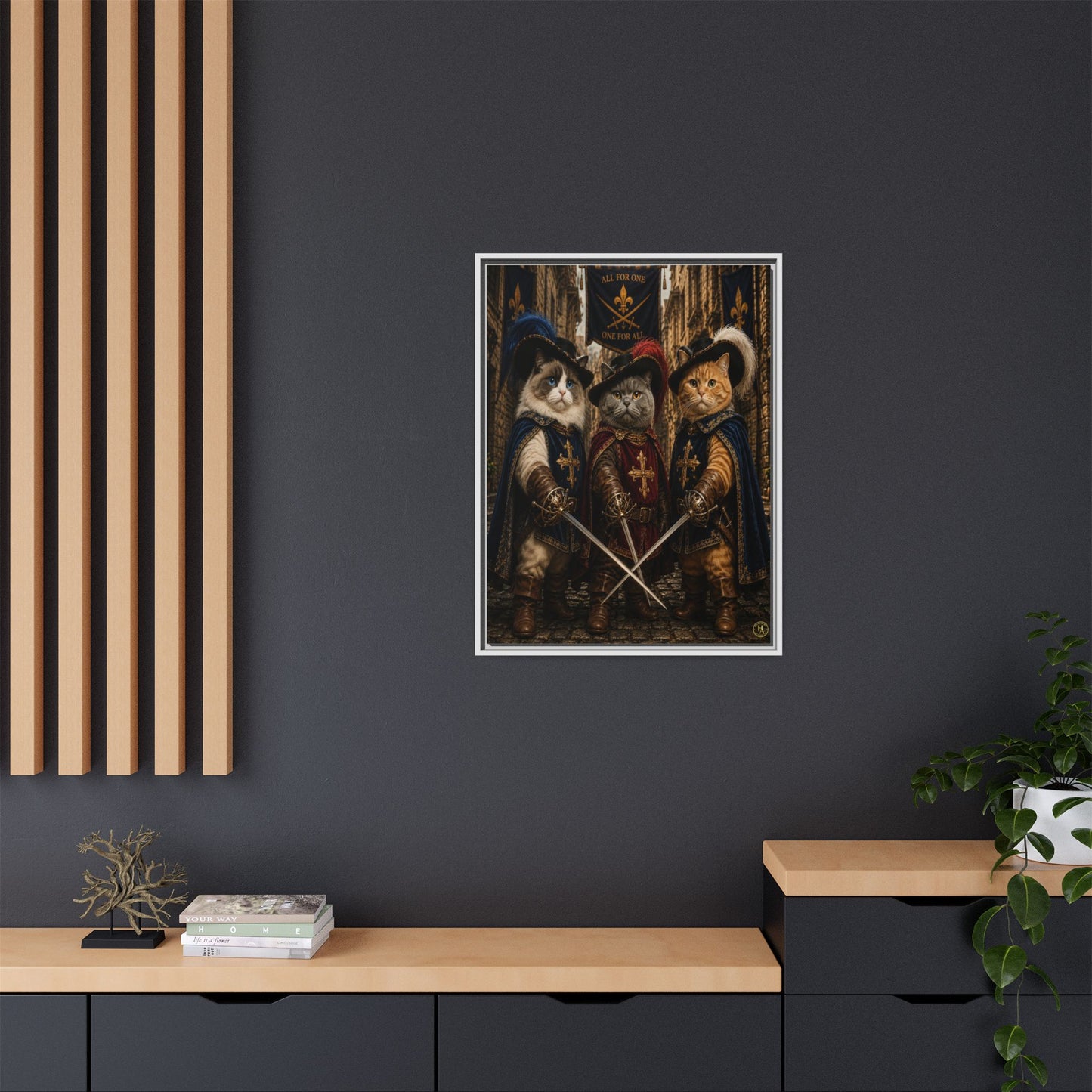 3 Musketeer Cats (The Three Musker Paws) – All for One, One for All Framed Canvas by House of Ace