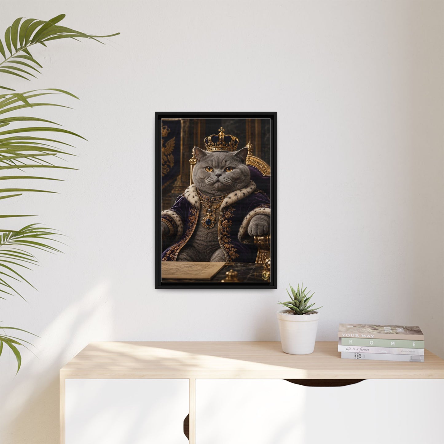 Regal British Shorthair Cat Portrait Framed Canvas — His Royal Whiskers Cat Wall Art  by House of Ace