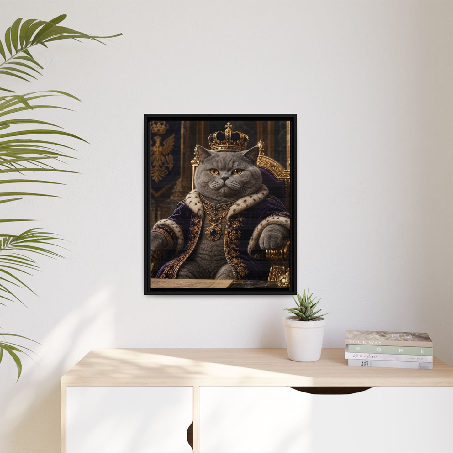 Regal British Shorthair Cat Portrait Framed Canvas — His Royal Whiskers Cat Wall Art  by House of Ace