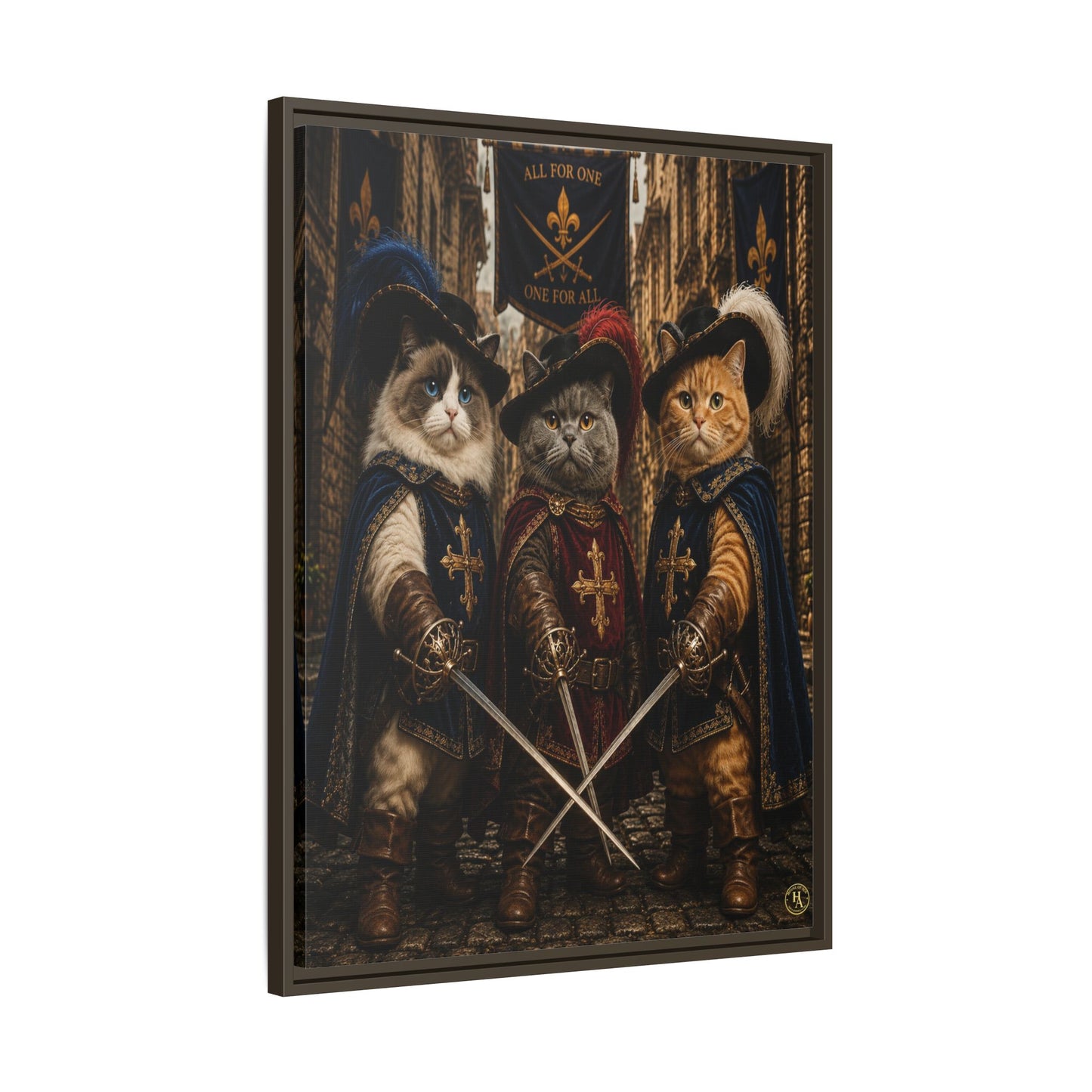 3 Musketeer Cats (The Three Musker Paws) – All for One, One for All Framed Canvas by House of Ace