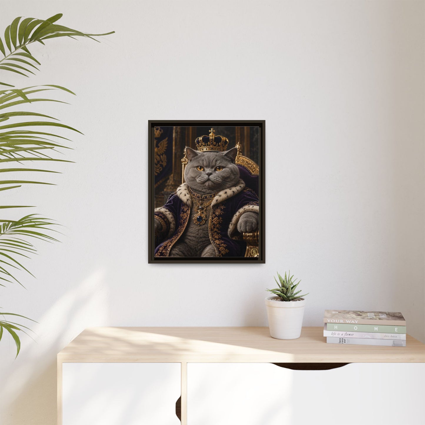 Regal British Shorthair Cat Portrait Framed Canvas — His Royal Whiskers Cat Wall Art  by House of Ace