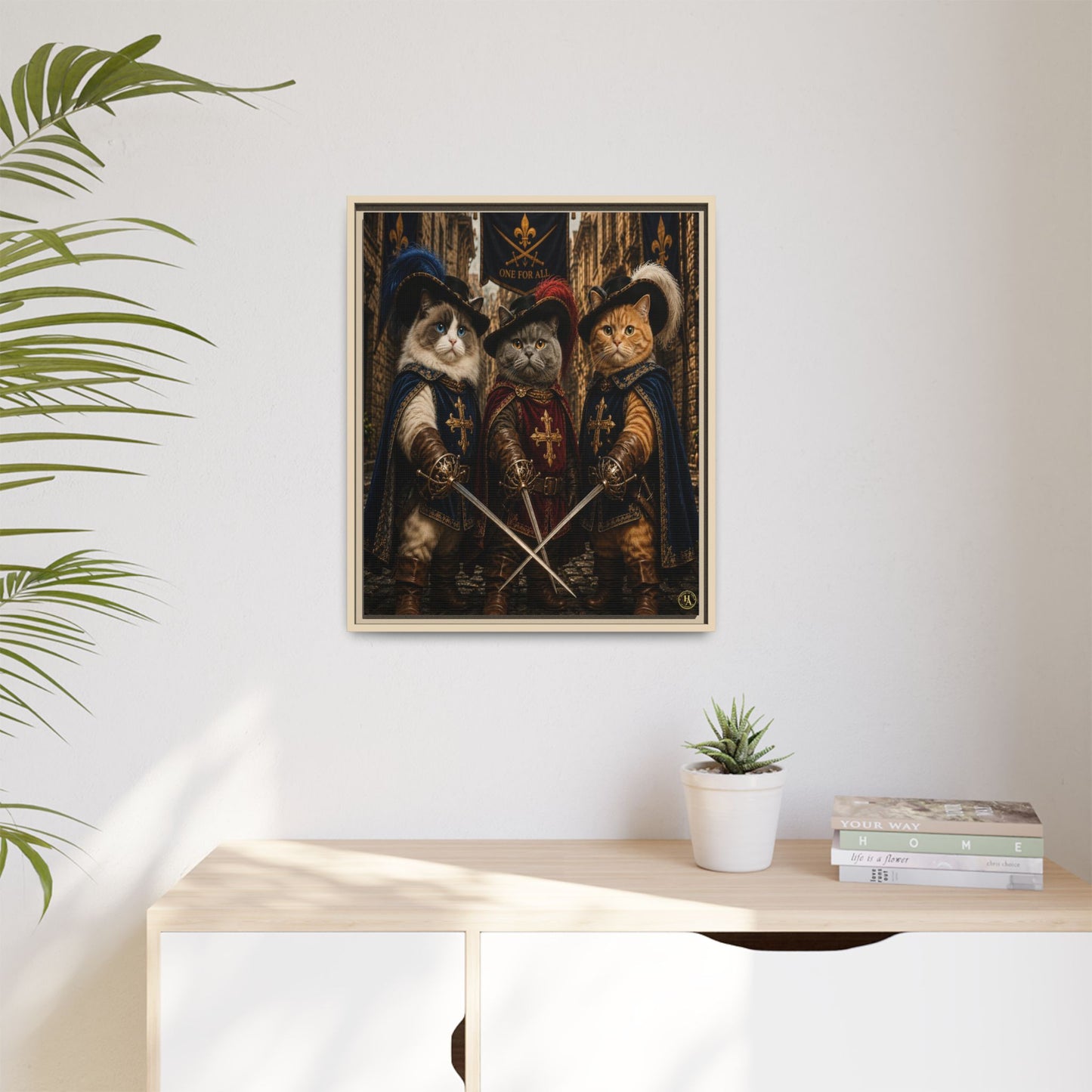 3 Musketeer Cats (The Three Musker Paws) – All for One, One for All Framed Canvas by House of Ace