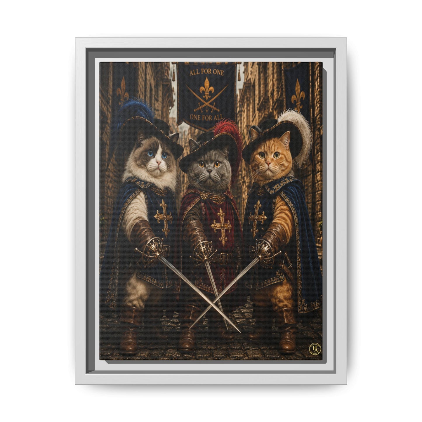 3 Musketeer Cats (The Three Musker Paws) – All for One, One for All Framed Canvas by House of Ace