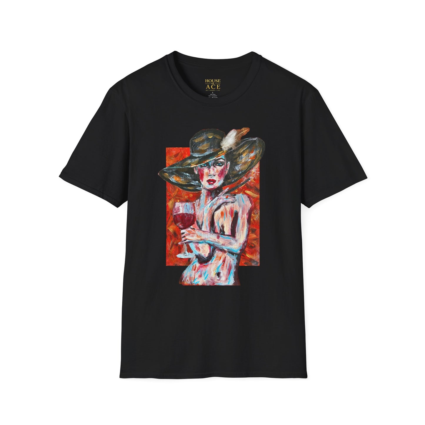 Artistic Woman in Wide-Brim Hat T-Shirt Crimson Elegance – Original Acrylic Art Graphic Tee