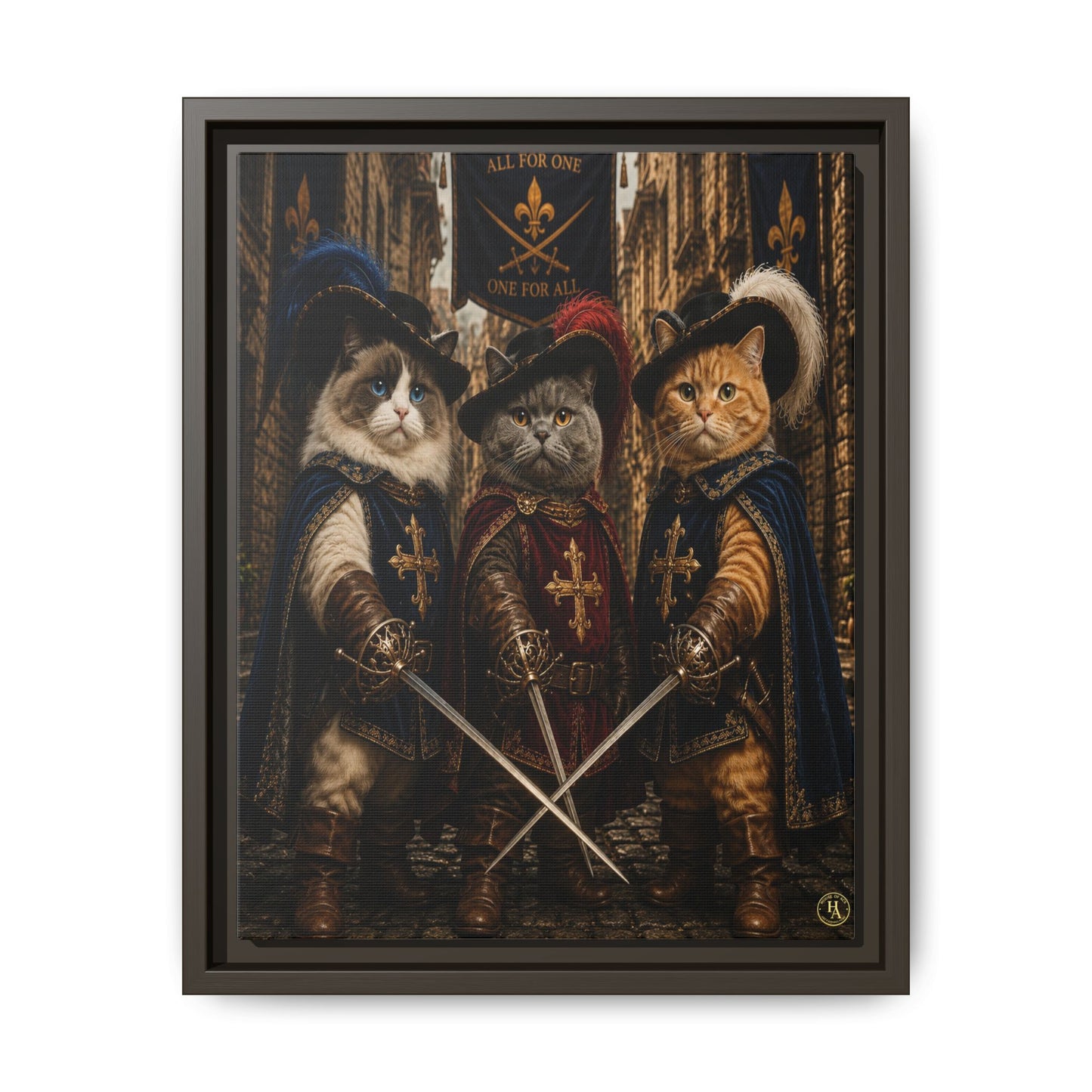 3 Musketeer Cats (The Three Musker Paws) – All for One, One for All Framed Canvas by House of Ace