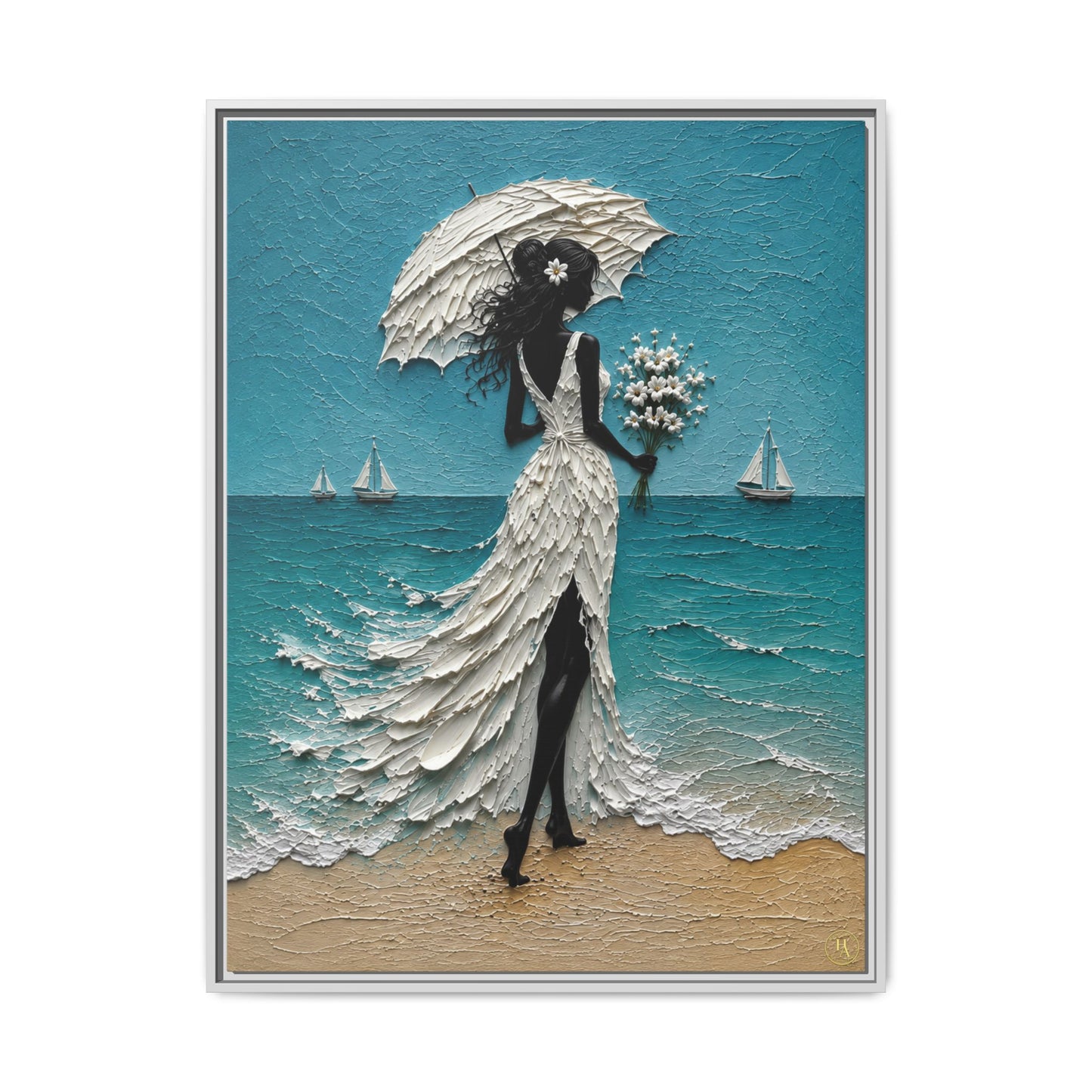 Romantic Beach Lady Framed Canvas Print — Matte Seaside Wall Art
