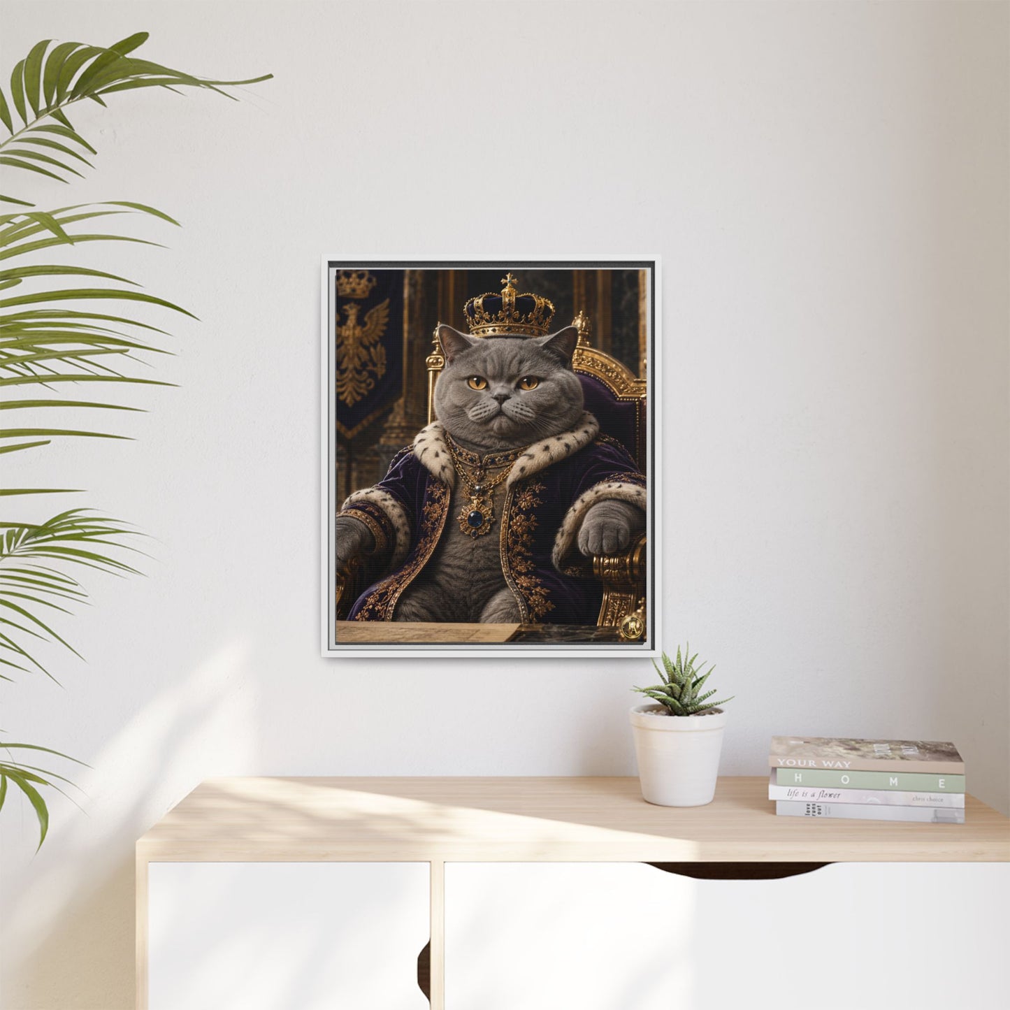 Regal British Shorthair Cat Portrait Framed Canvas — His Royal Whiskers Cat Wall Art  by House of Ace