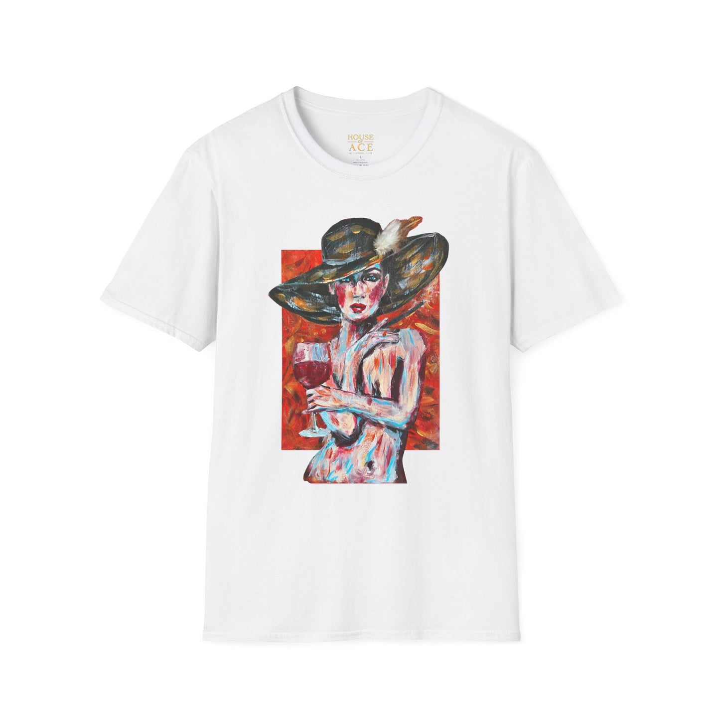 Artistic Woman in Wide-Brim Hat T-Shirt Crimson Elegance – Original Acrylic Art Graphic Tee