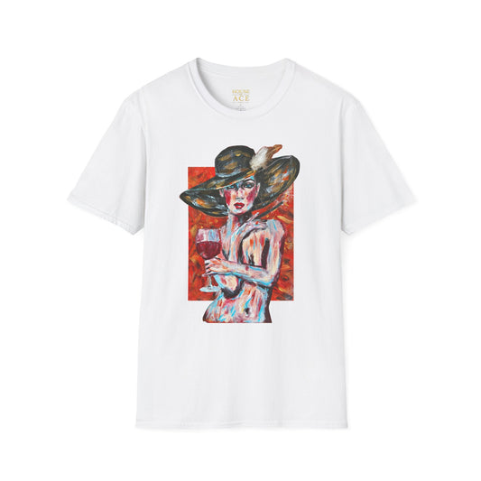 Artistic Woman in Wide-Brim Hat T-Shirt Crimson Elegance – Original Acrylic Art Graphic Tee