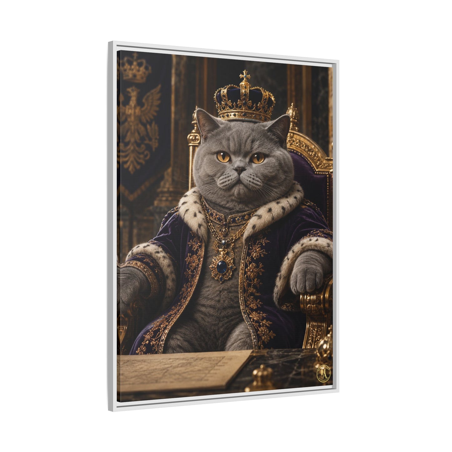 Regal British Shorthair Cat Portrait Framed Canvas — His Royal Whiskers Cat Wall Art  by House of Ace