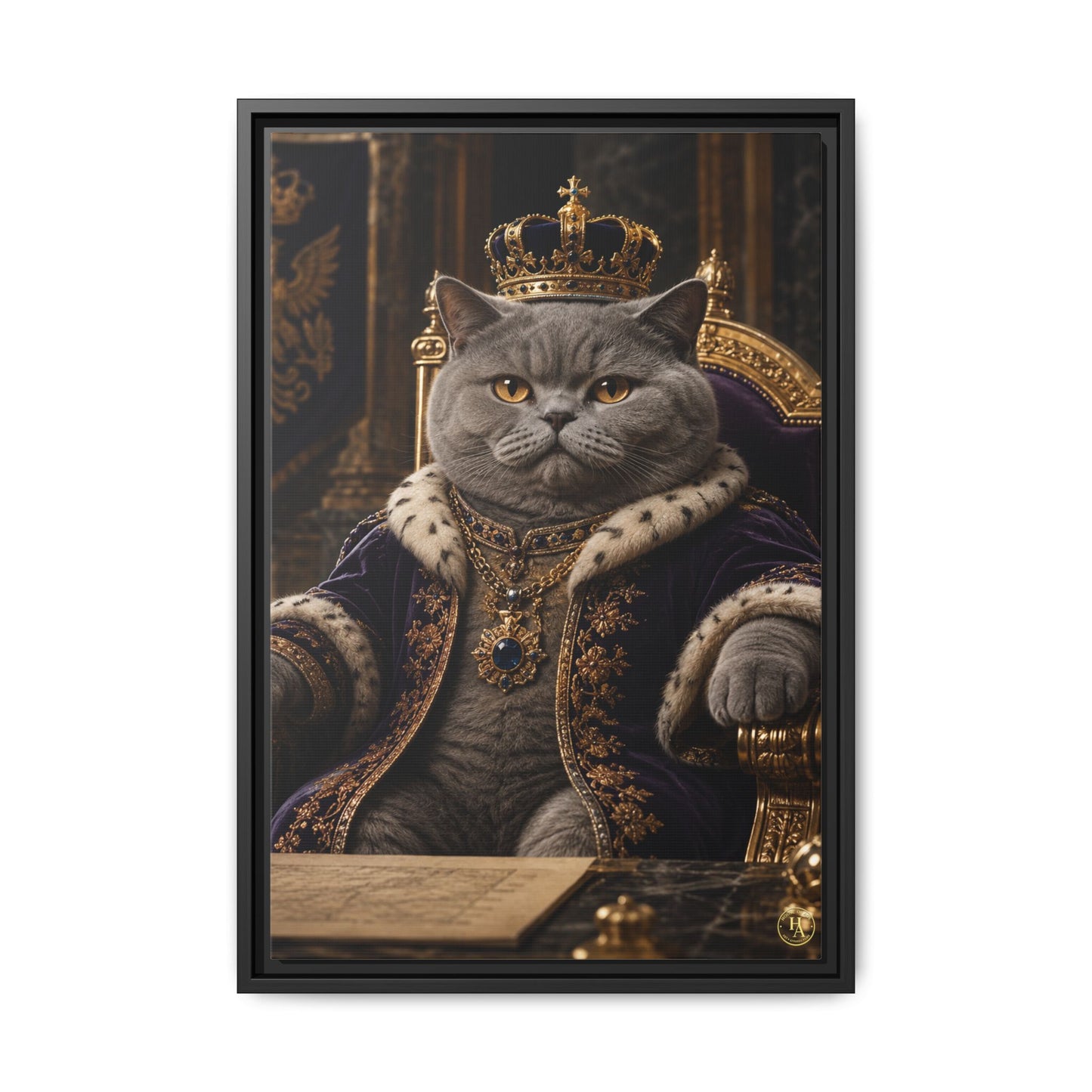 Regal British Shorthair Cat Portrait Framed Canvas — His Royal Whiskers Cat Wall Art  by House of Ace