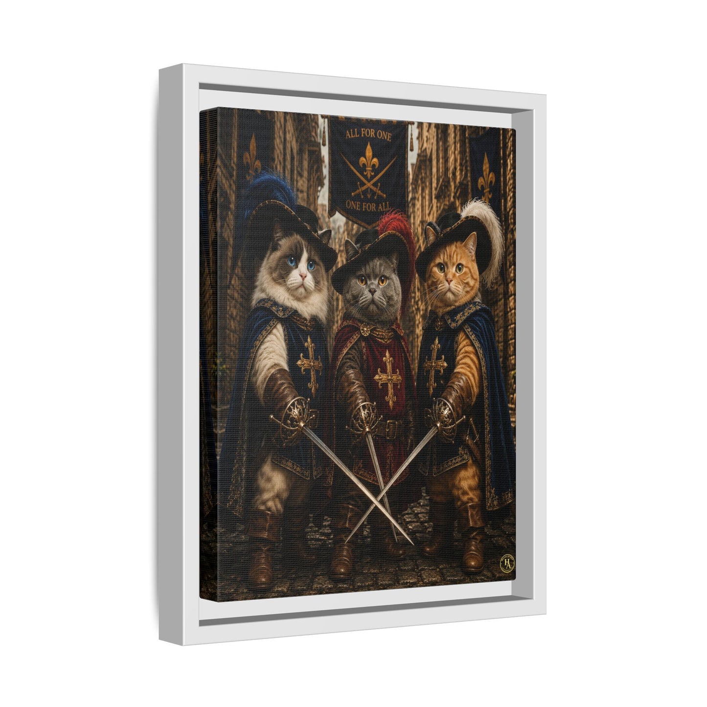3 Musketeer Cats (The Three Musker Paws) – All for One, One for All Framed Canvas by House of Ace