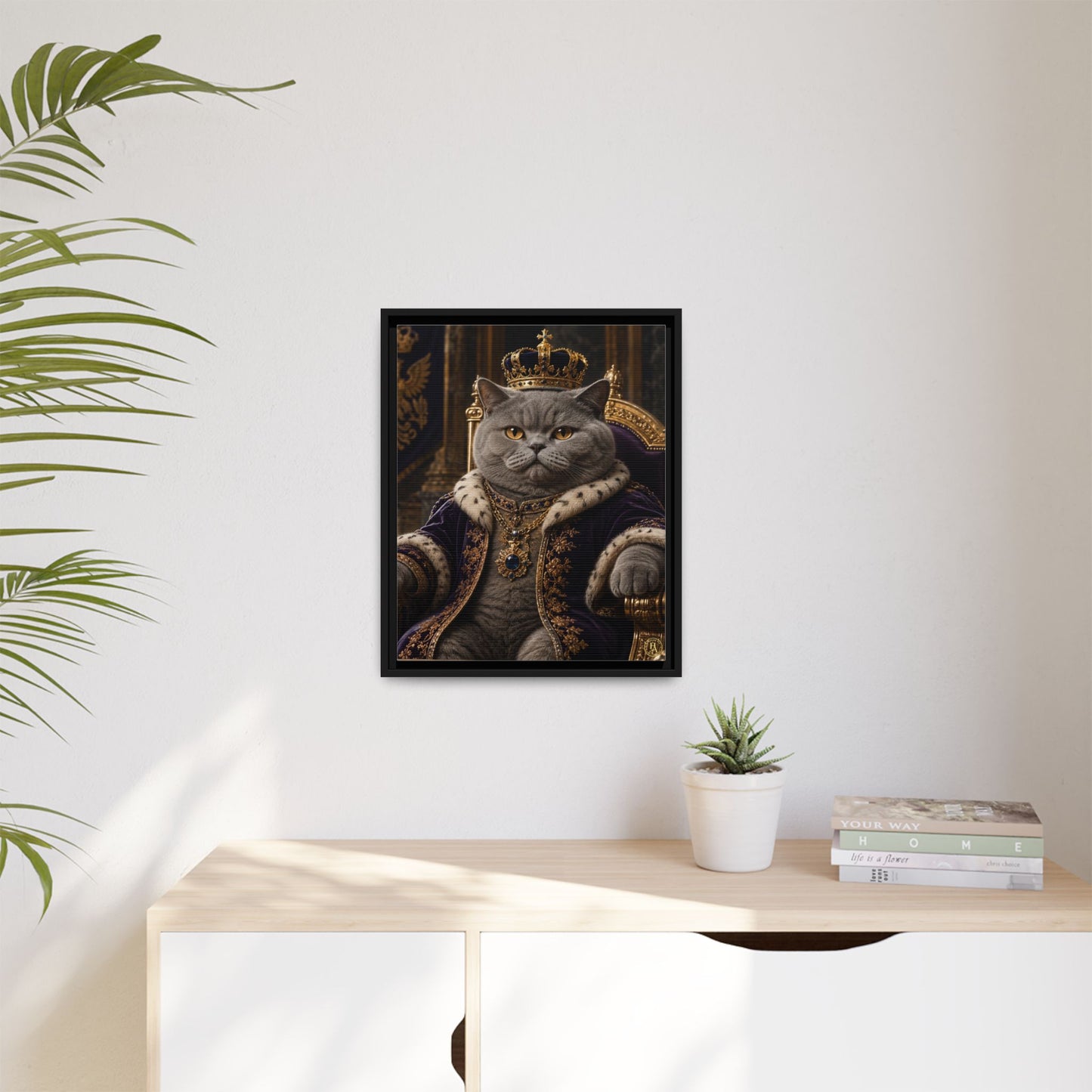 Regal British Shorthair Cat Portrait Framed Canvas — His Royal Whiskers Cat Wall Art  by House of Ace