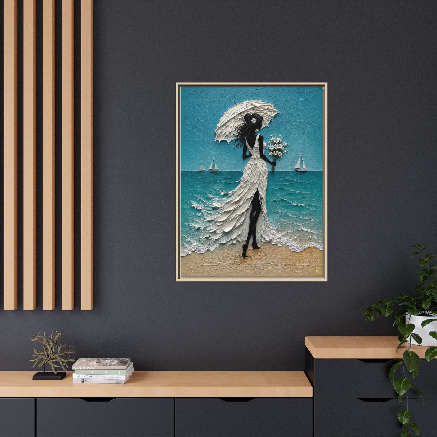 Romantic Beach Lady Framed Canvas Print — Matte Seaside Wall Art