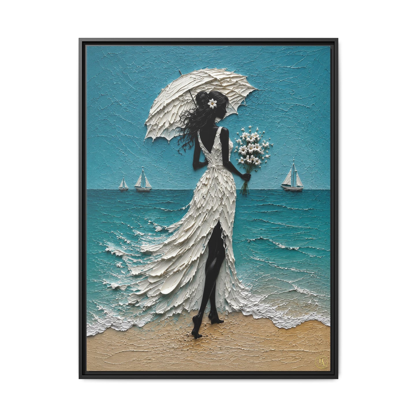 Romantic Beach Lady Framed Canvas Print — Matte Seaside Wall Art