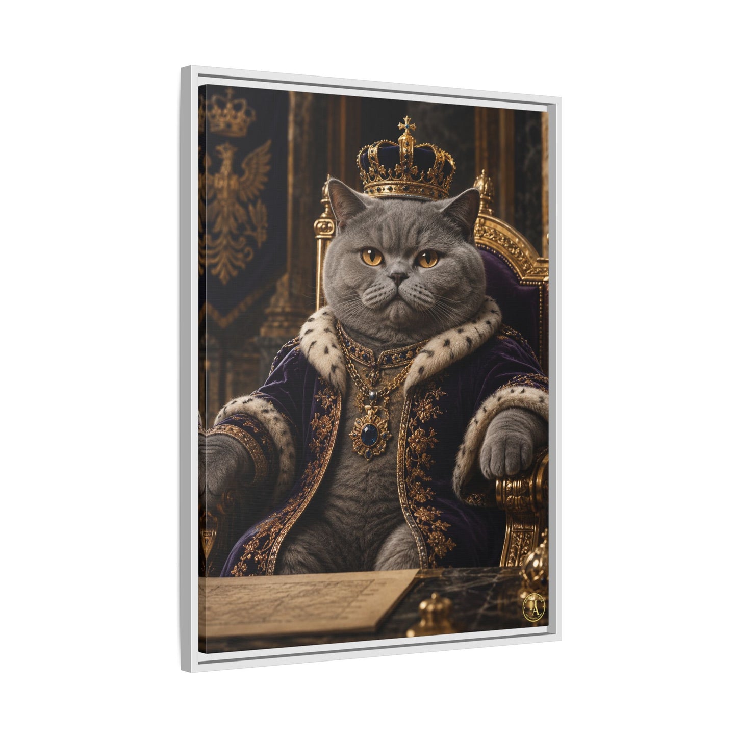 Regal British Shorthair Cat Portrait Framed Canvas — His Royal Whiskers Cat Wall Art  by House of Ace