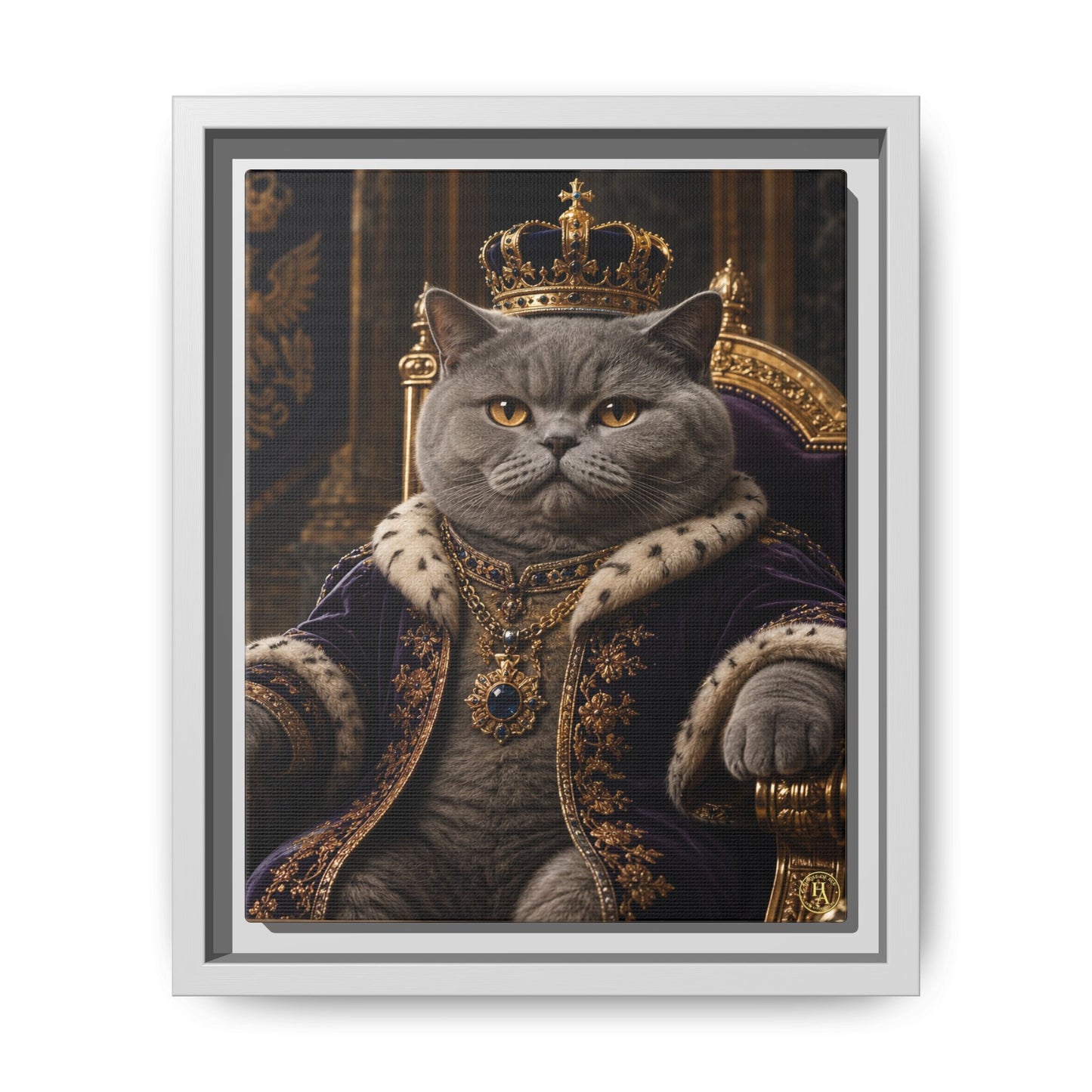 Regal British Shorthair Cat Portrait Framed Canvas — His Royal Whiskers Cat Wall Art  by House of Ace