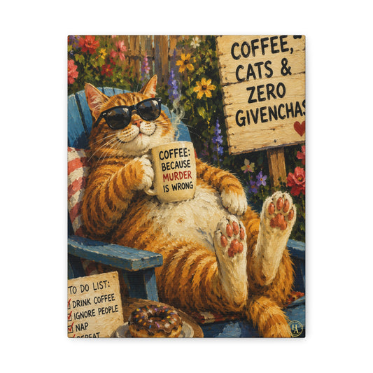 Funny Coffee Cat Canvas Wall Art – Cosy Garden Cat Painting with Humorous Coffee Quote | Cute Ginger Cat Matte Canvas Print | Cottagecore Kitchen Decor