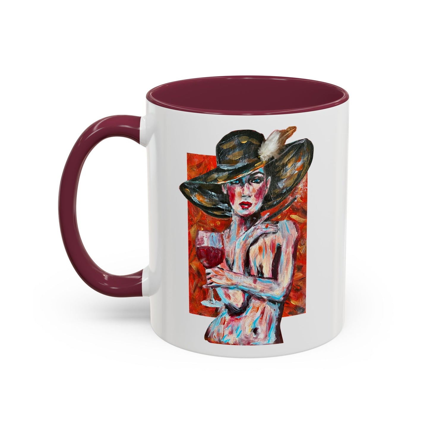 Crimson Elegance – Original Acrylic Art Accent Mug House of Aces Logo Mug — 11oz/15oz Ceramic Coffee Cup (Black Handle & Rim)