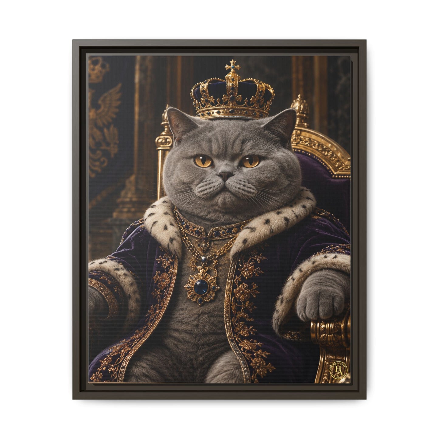 Regal British Shorthair Cat Portrait Framed Canvas — His Royal Whiskers Cat Wall Art  by House of Ace