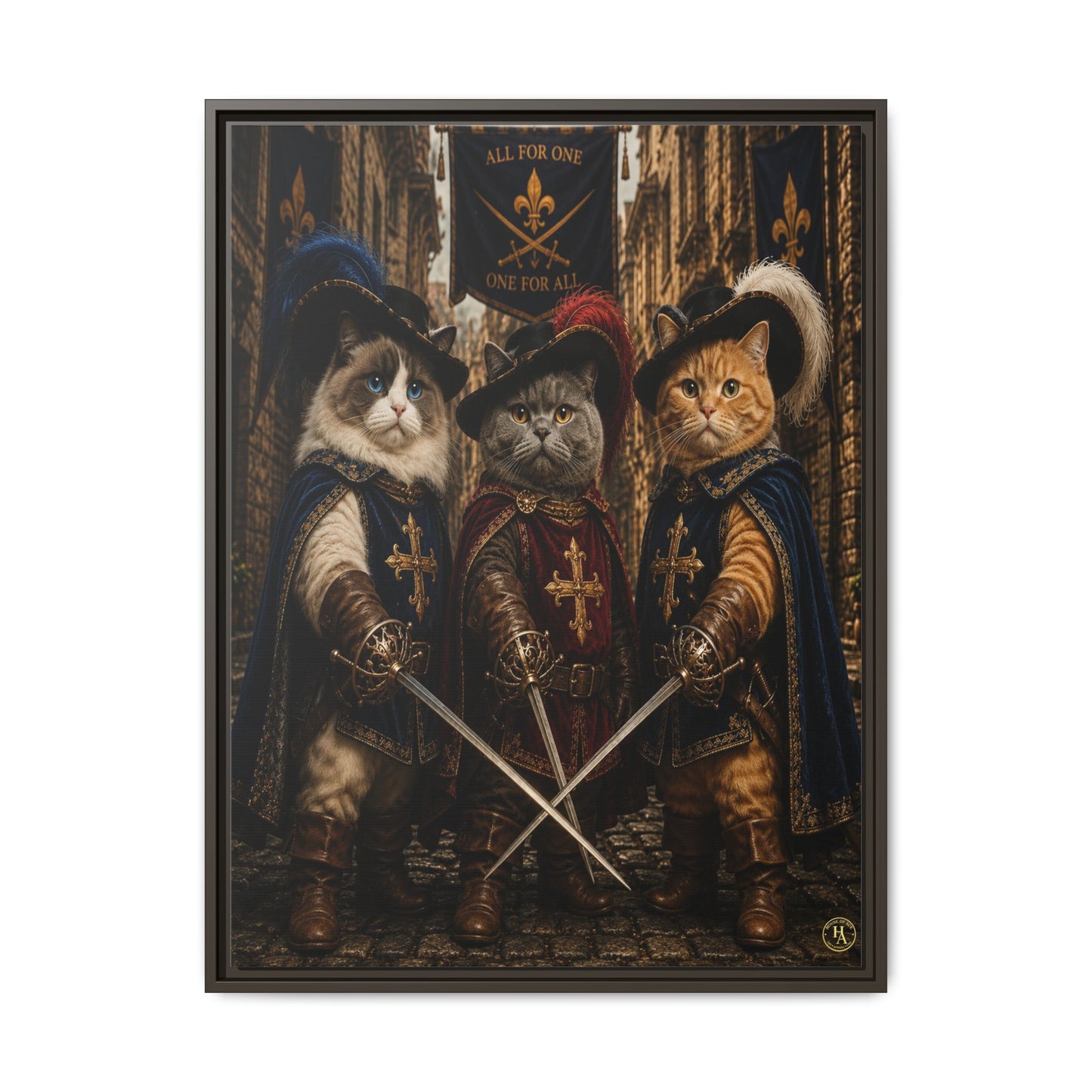 3 Musketeer Cats (The Three Musker Paws) – All for One, One for All Framed Canvas by House of Ace