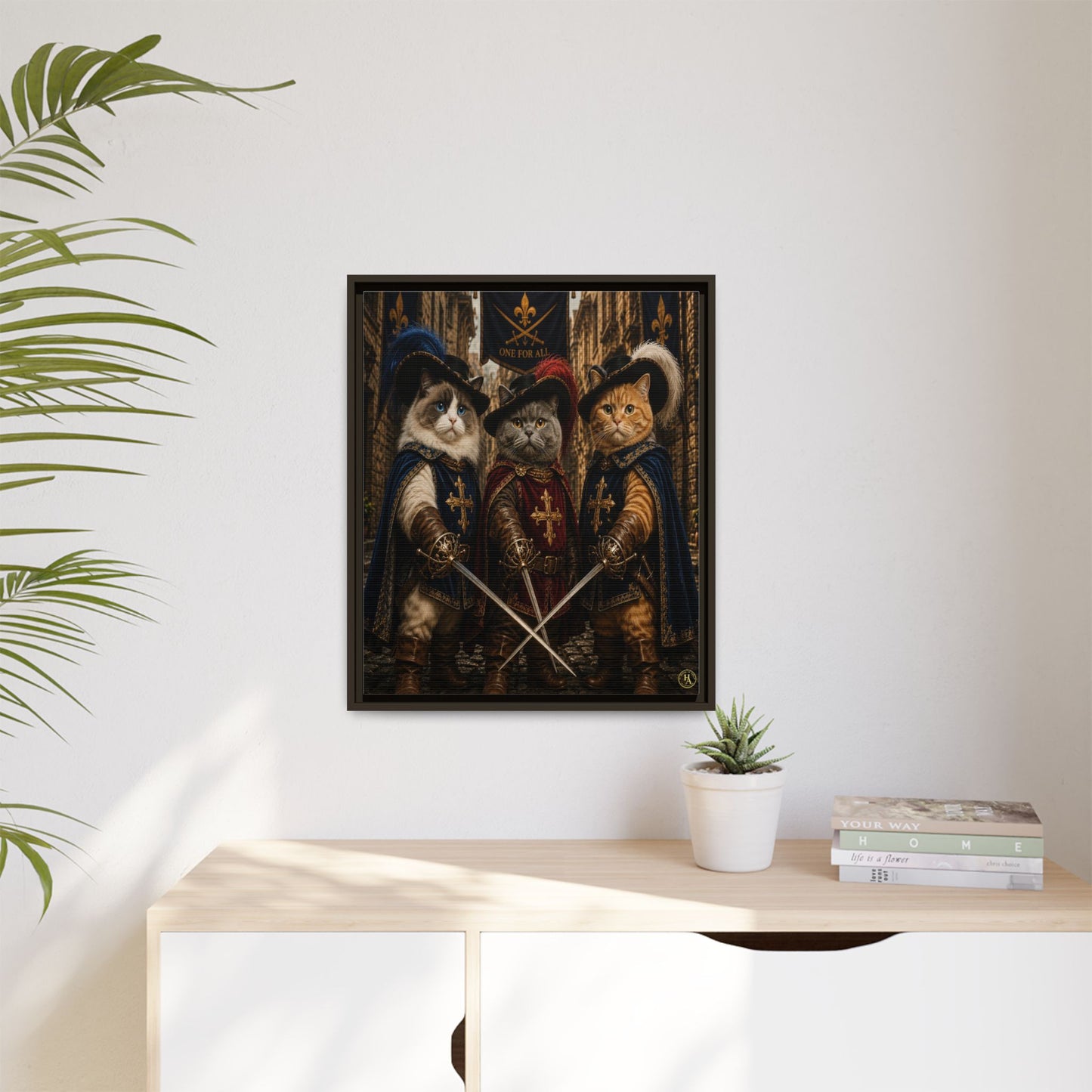 3 Musketeer Cats (The Three Musker Paws) – All for One, One for All Framed Canvas by House of Ace