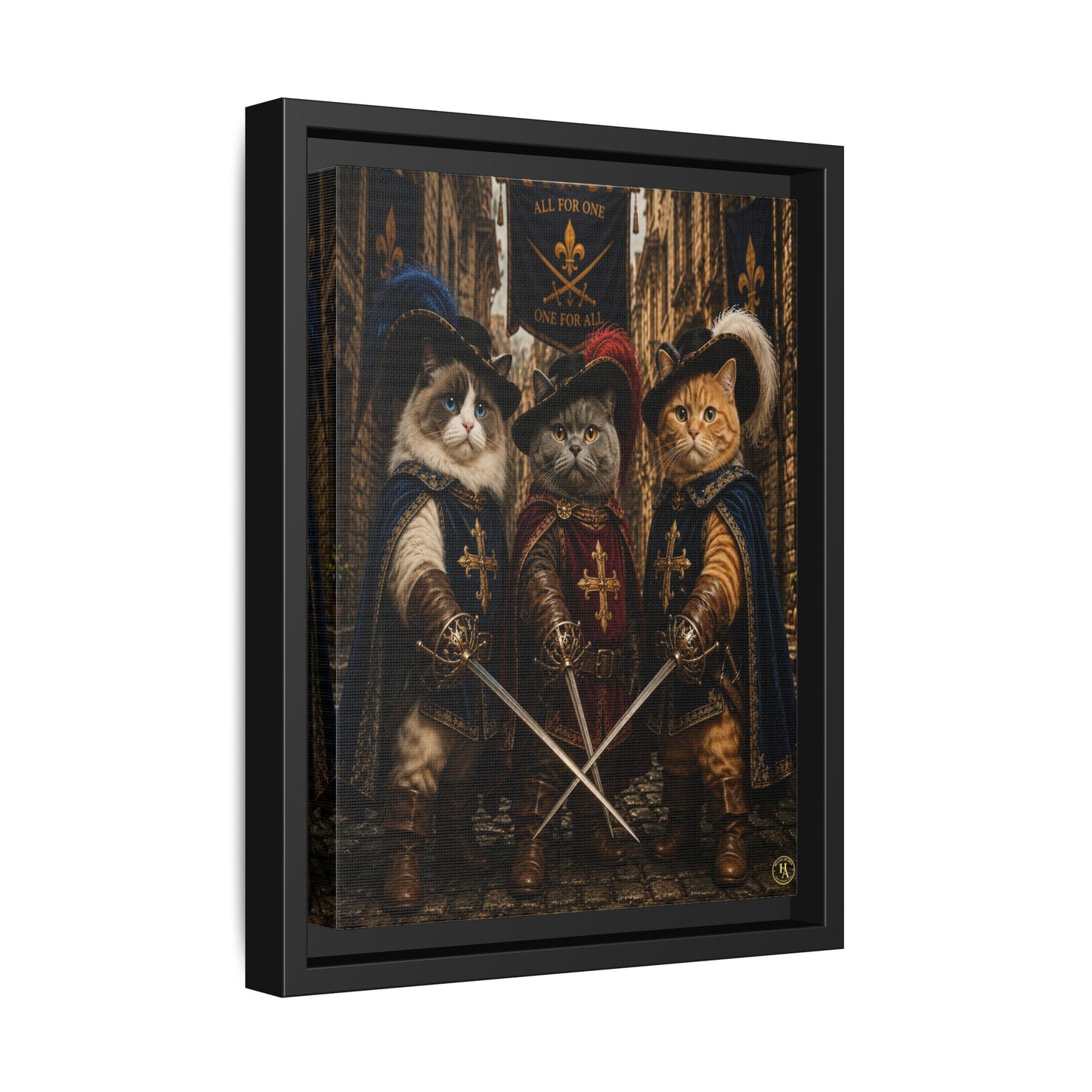 3 Musketeer Cats (The Three Musker Paws) – All for One, One for All Framed Canvas by House of Ace