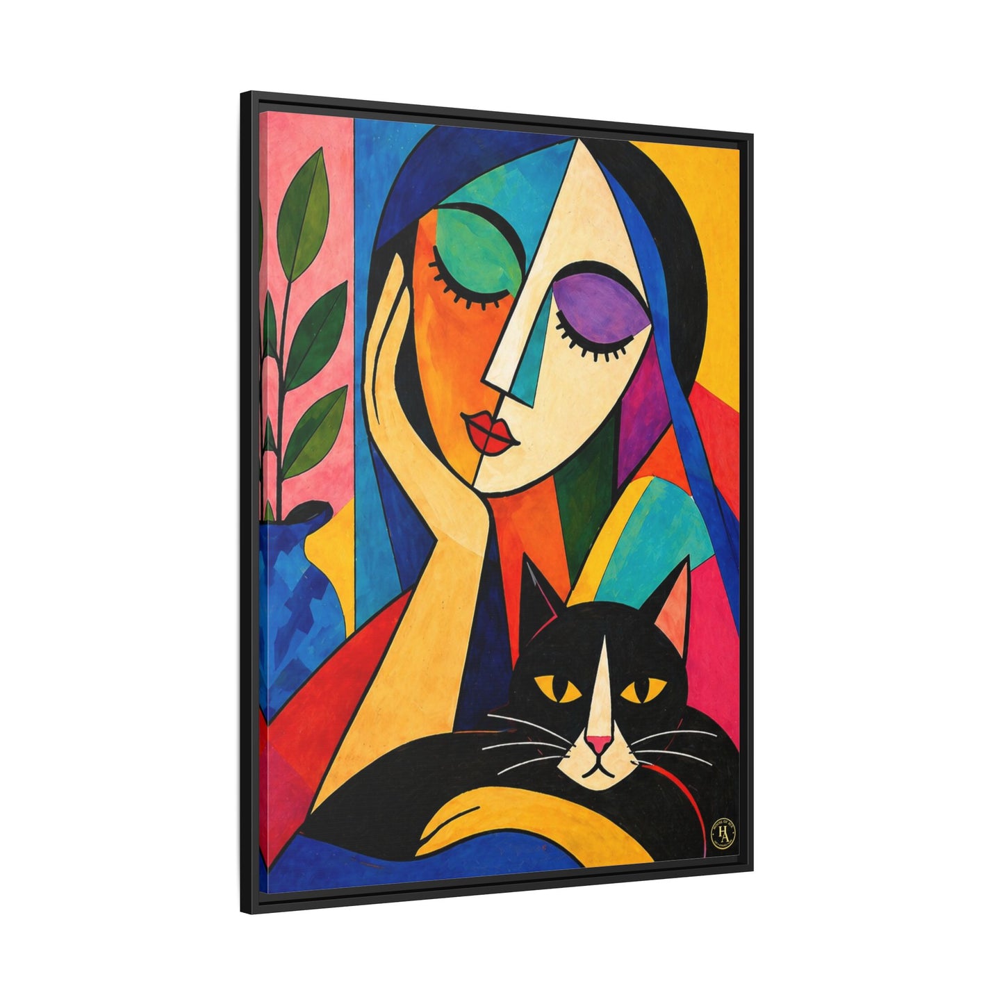 Abstract Cat & Woman Canvas Wall Art by House of Aces, Colourful Cubist Portrait Print, Modern Framed Matte Canvas, Contemporary Home Decor