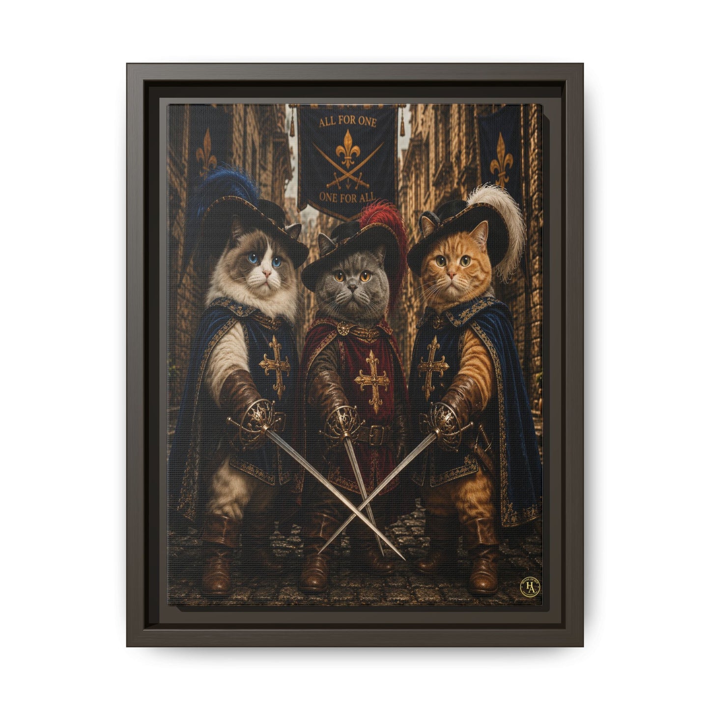 3 Musketeer Cats (The Three Musker Paws) – All for One, One for All Framed Canvas by House of Ace