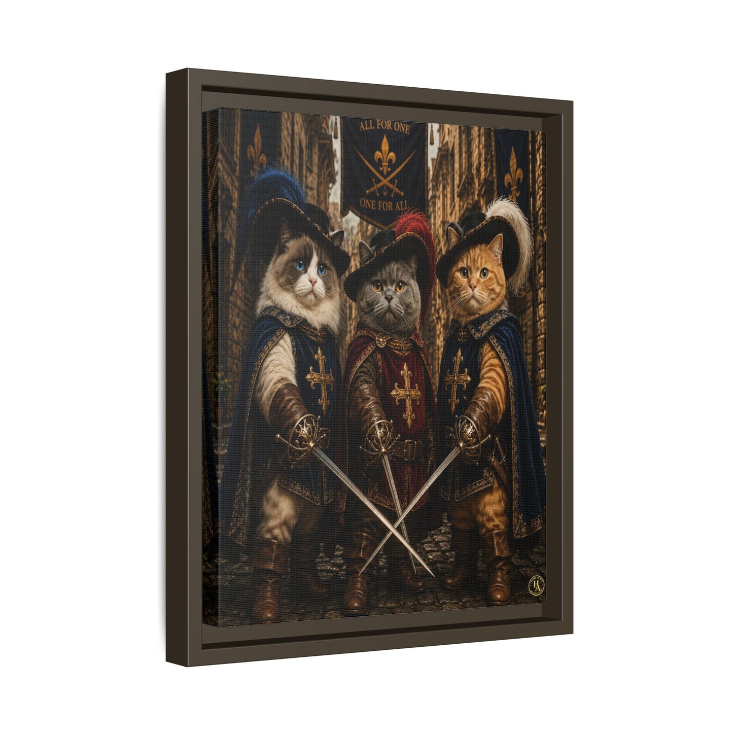 3 Musketeer Cats (The Three Musker Paws) – All for One, One for All Framed Canvas by House of Ace