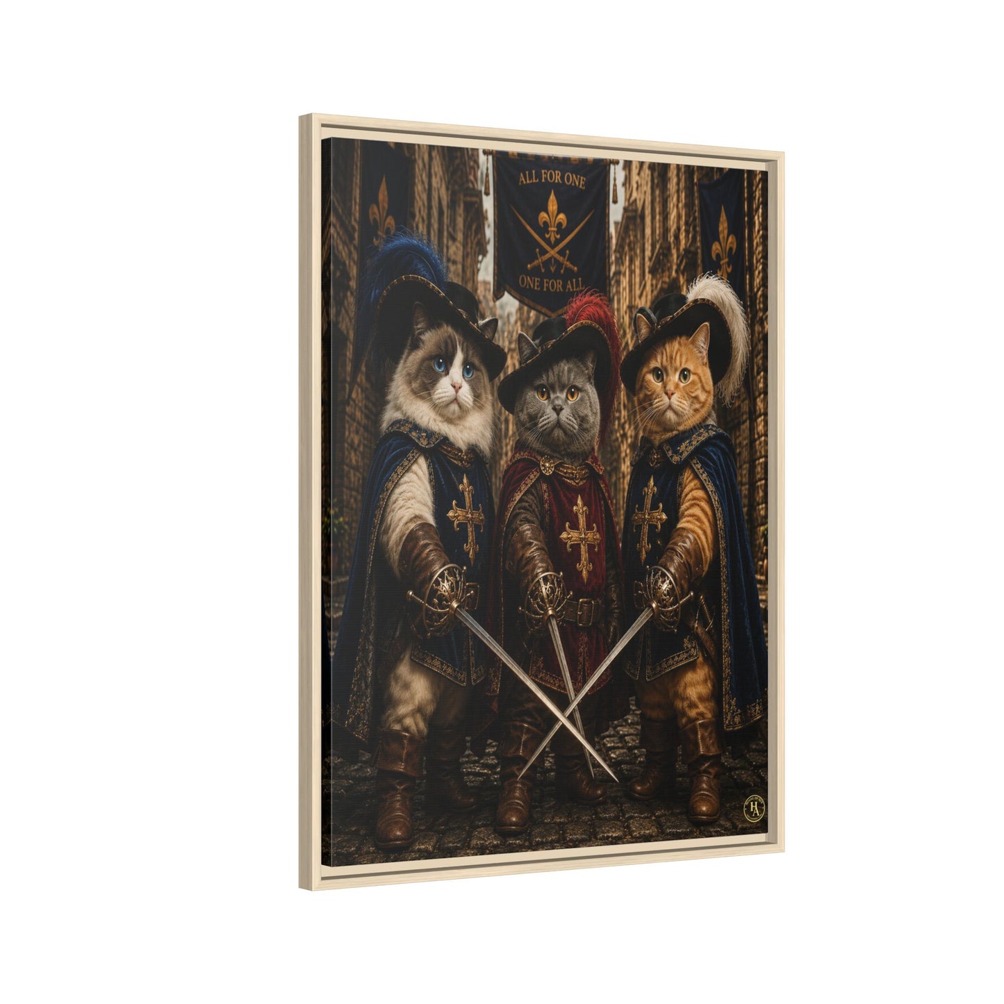 3 Musketeer Cats (The Three Musker Paws) – All for One, One for All Framed Canvas by House of Ace