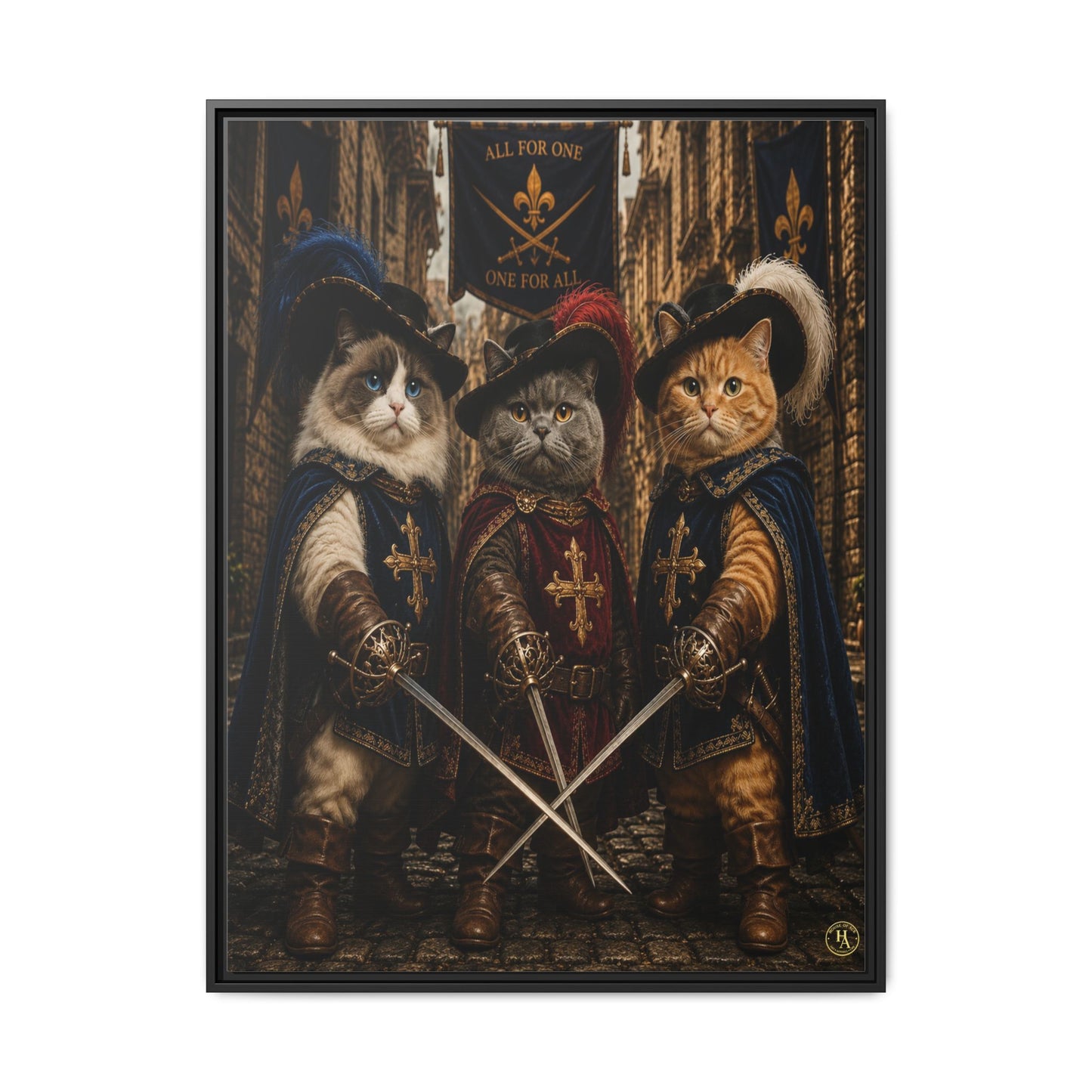 3 Musketeer Cats (The Three Musker Paws) – All for One, One for All Framed Canvas by House of Ace