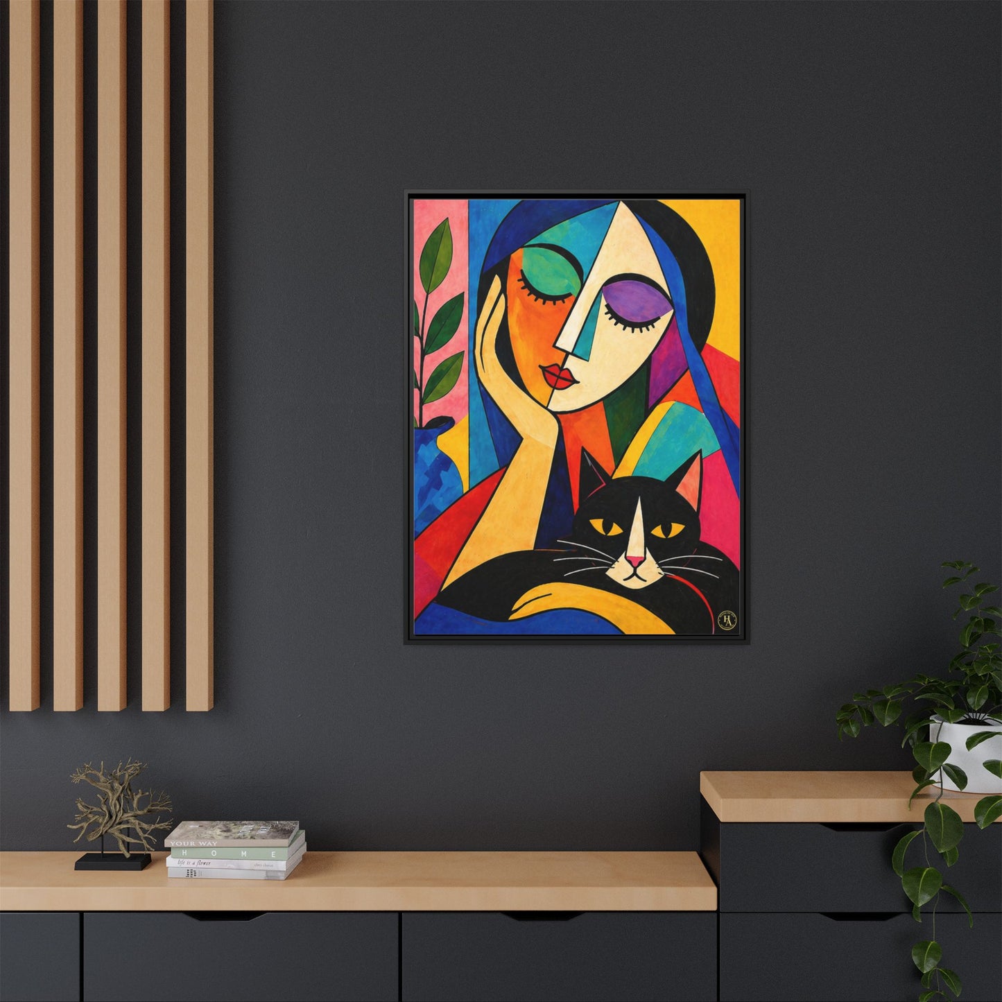 Abstract Cat & Woman Canvas Wall Art by House of Aces, Colourful Cubist Portrait Print, Modern Framed Matte Canvas, Contemporary Home Decor