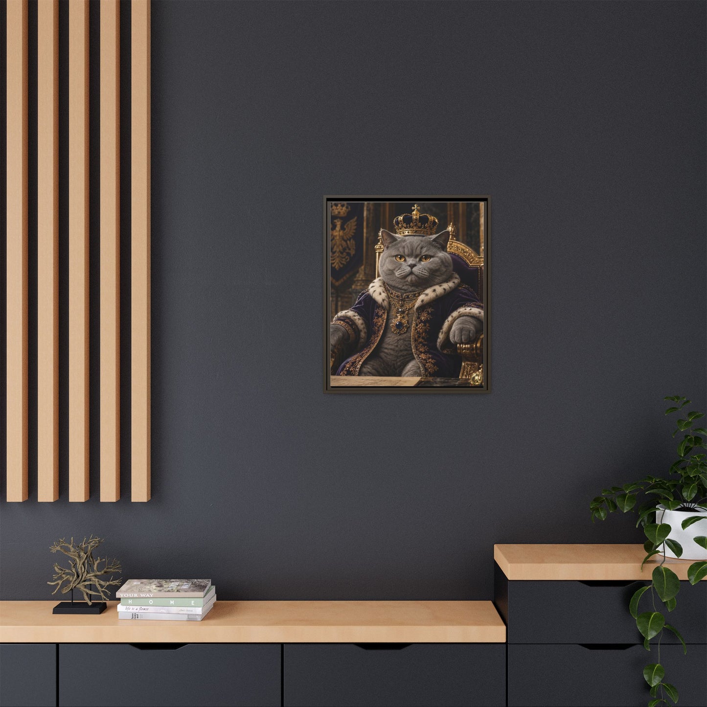 Regal British Shorthair Cat Portrait Framed Canvas — His Royal Whiskers Cat Wall Art  by House of Ace