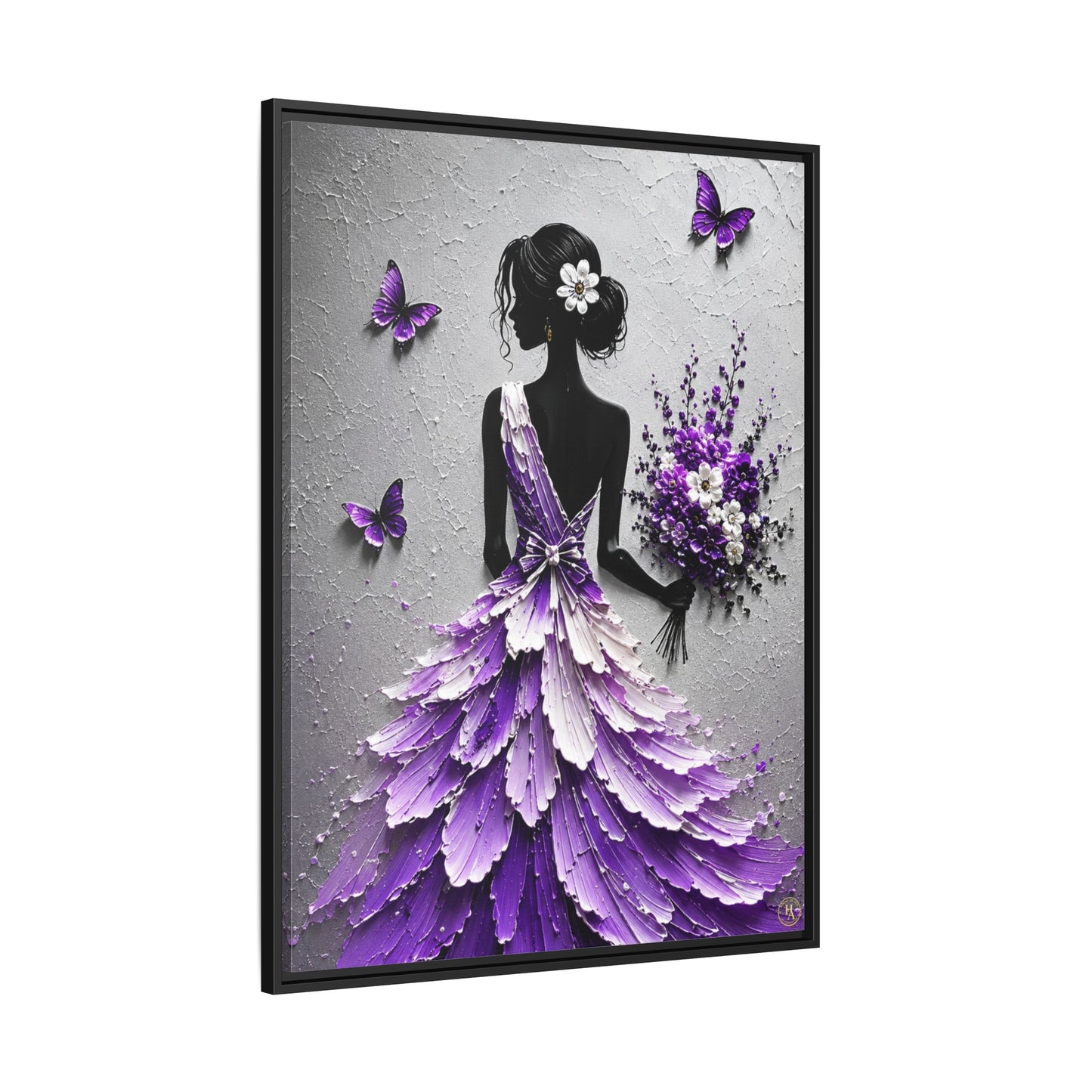 Purple Petal Elegance Framed Matte Canvas Wall Art – Feminine Silhouette Floral Dress Artwork  Description