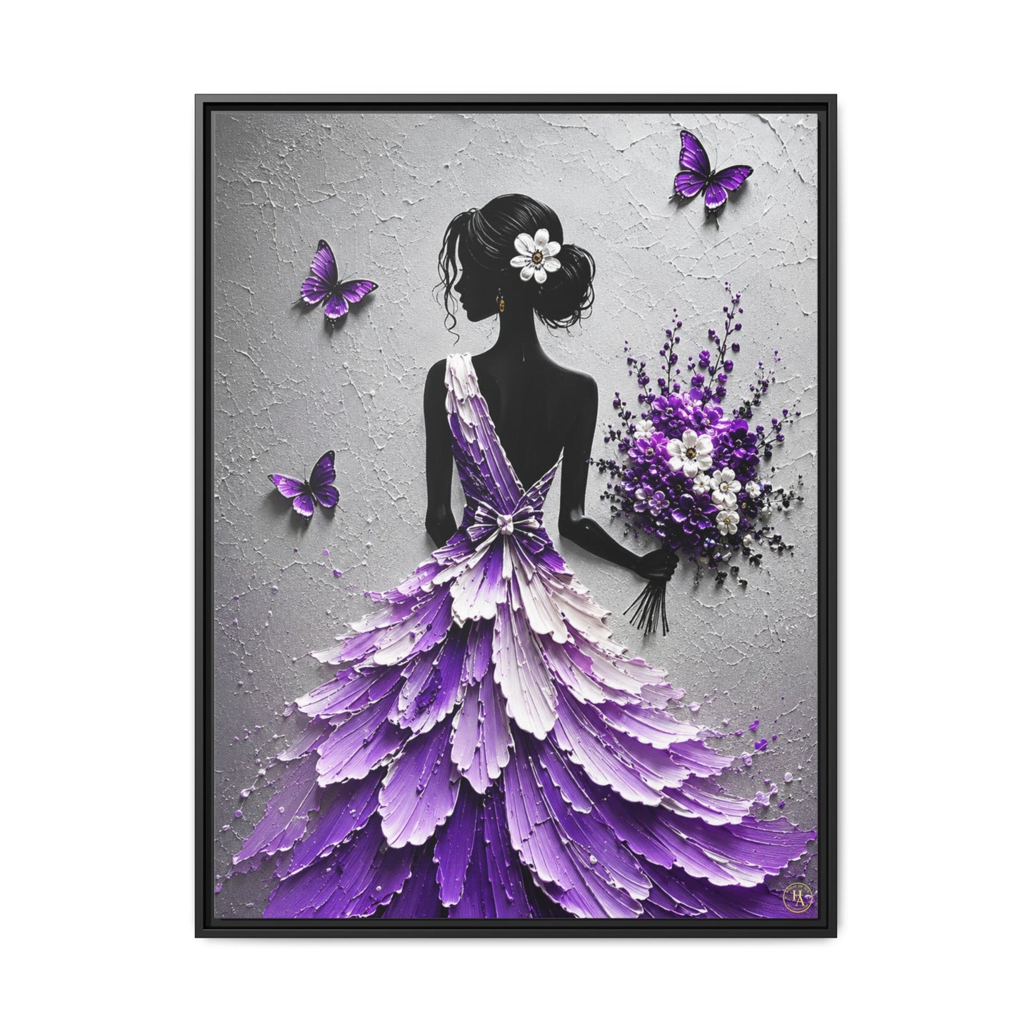Purple Petal Elegance Framed Matte Canvas Wall Art – Feminine Silhouette Floral Dress Artwork  Description