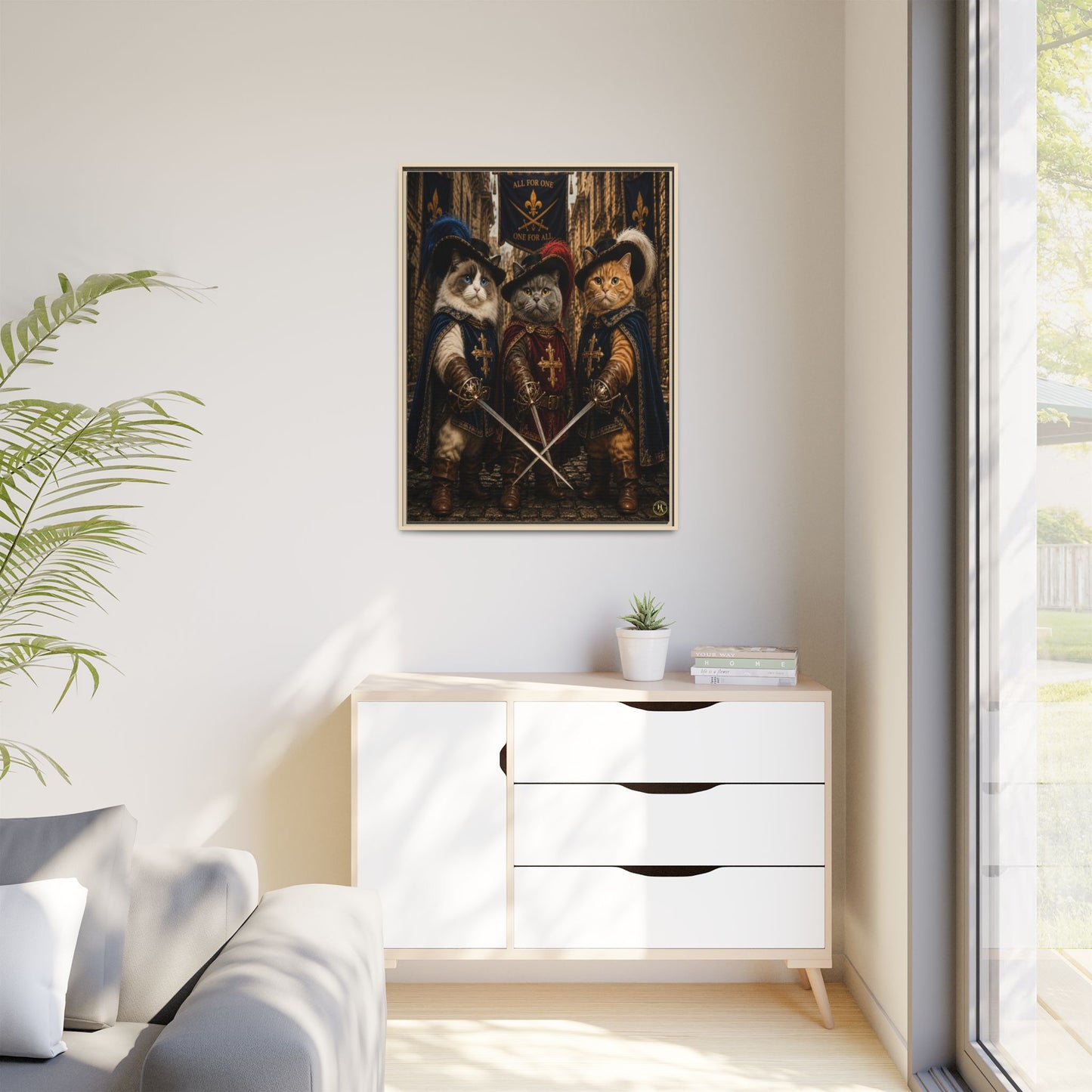 3 Musketeer Cats (The Three Musker Paws) – All for One, One for All Framed Canvas by House of Ace