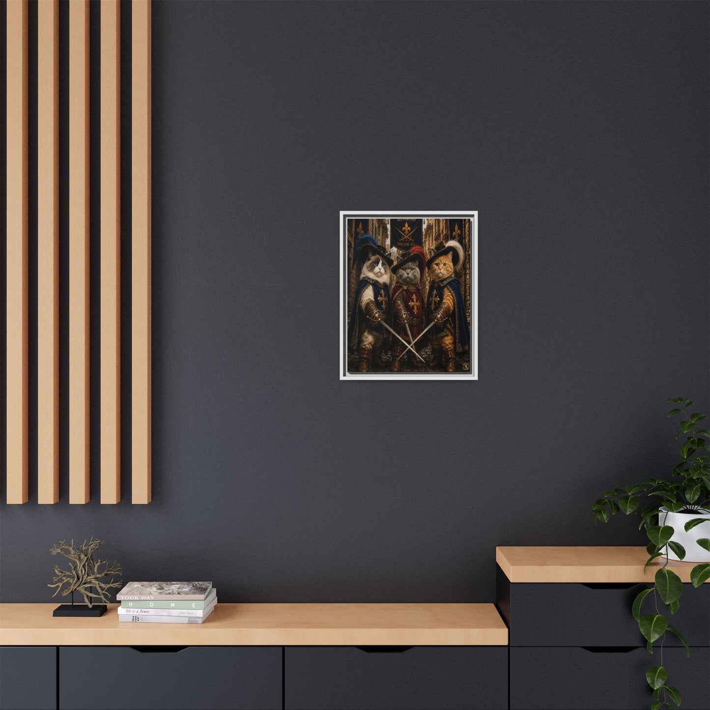 3 Musketeer Cats (The Three Musker Paws) – All for One, One for All Framed Canvas by House of Ace