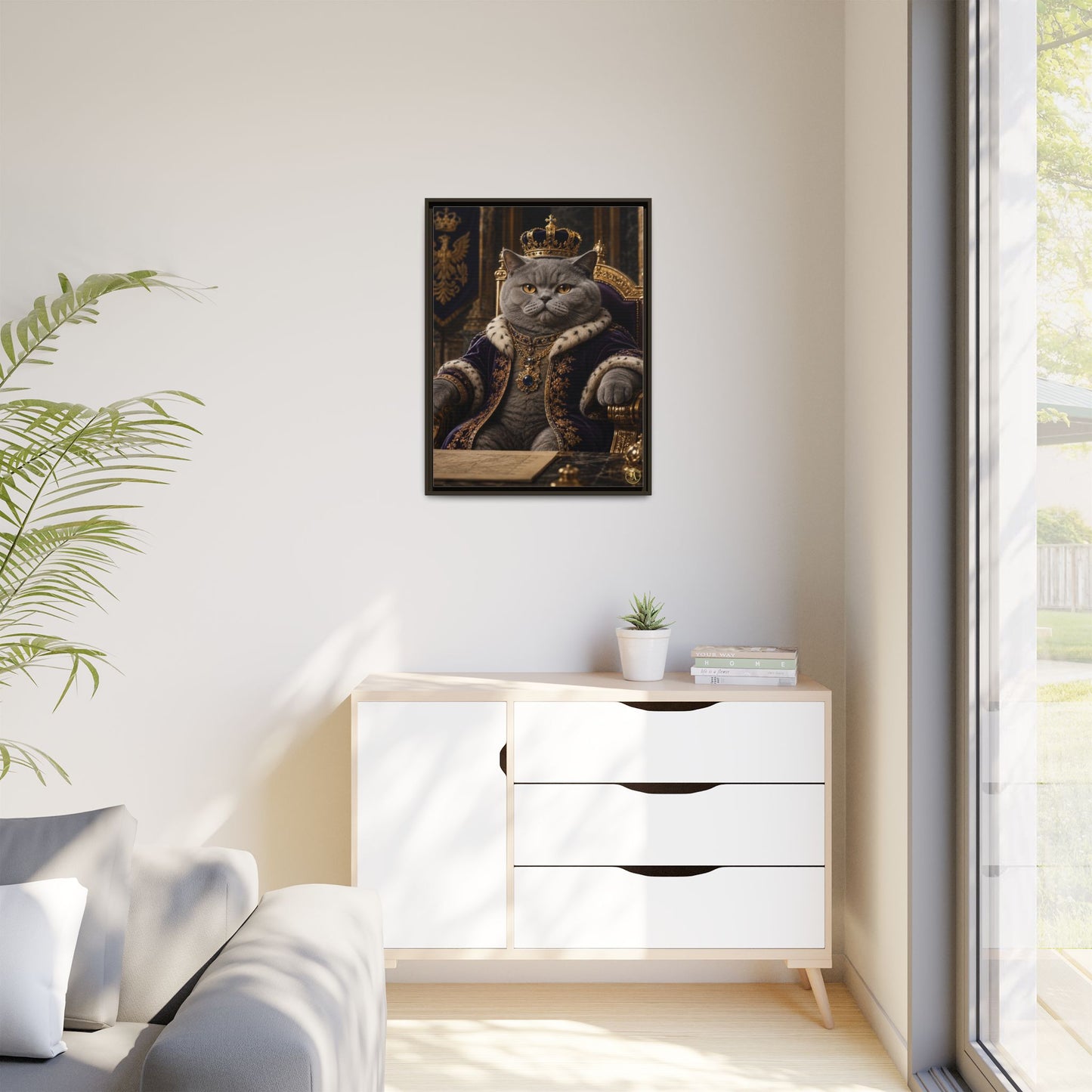 Regal British Shorthair Cat Portrait Framed Canvas — His Royal Whiskers Cat Wall Art  by House of Ace